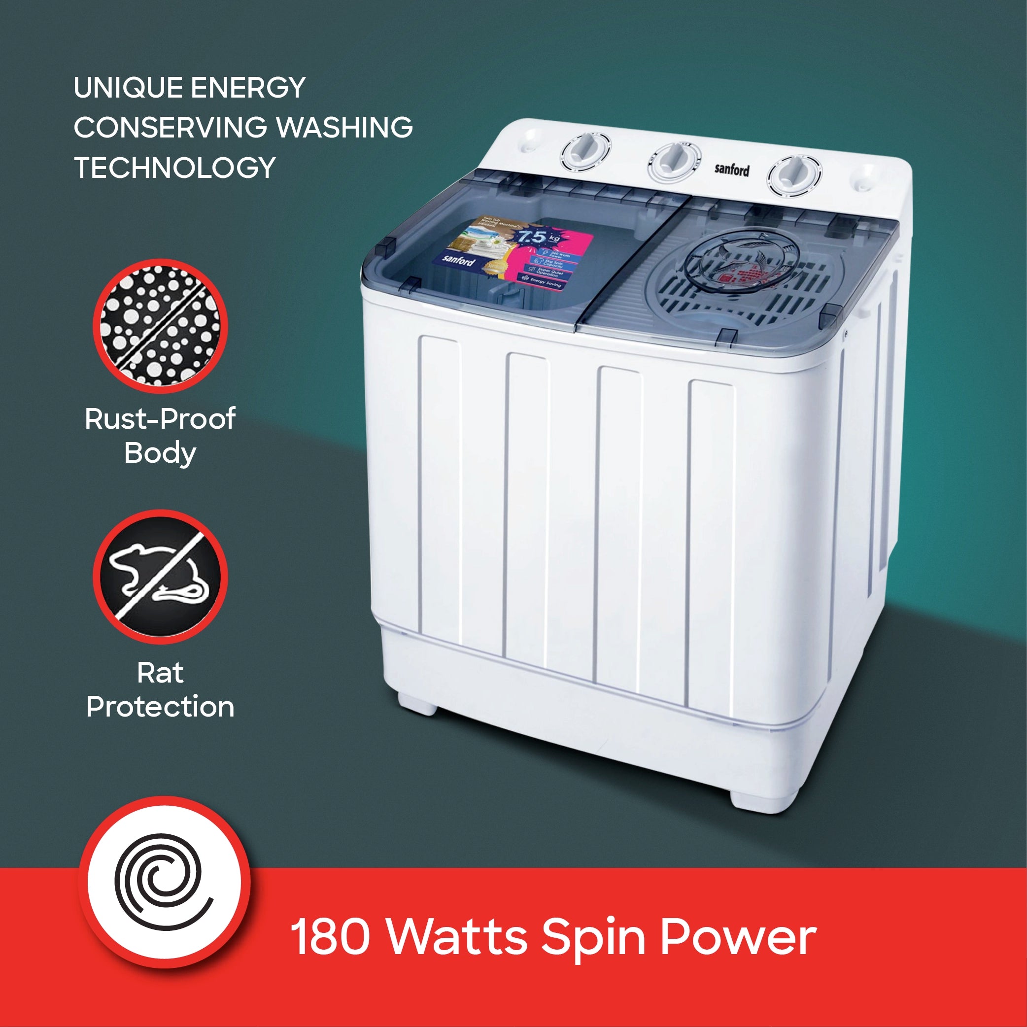 Sanford Twin Tub Washing Machine 8kg Wash 5kg Spin 540W with Low Noise Operation - SF8303WM Sanford KSA