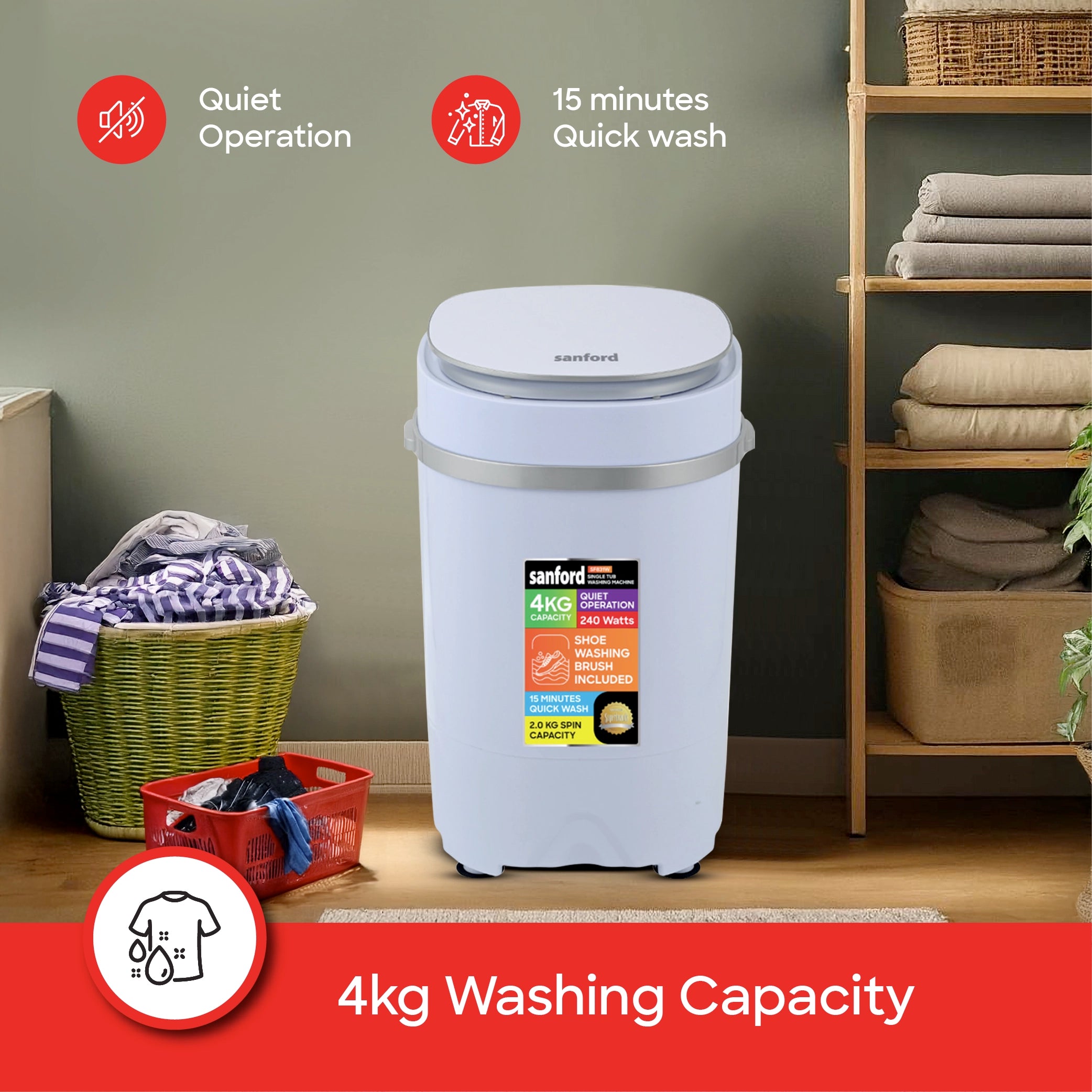 Sanford Single Tub Washing Machine 4kg 240W with 15-Minute Quick Wash - SF831W Sanford KSA