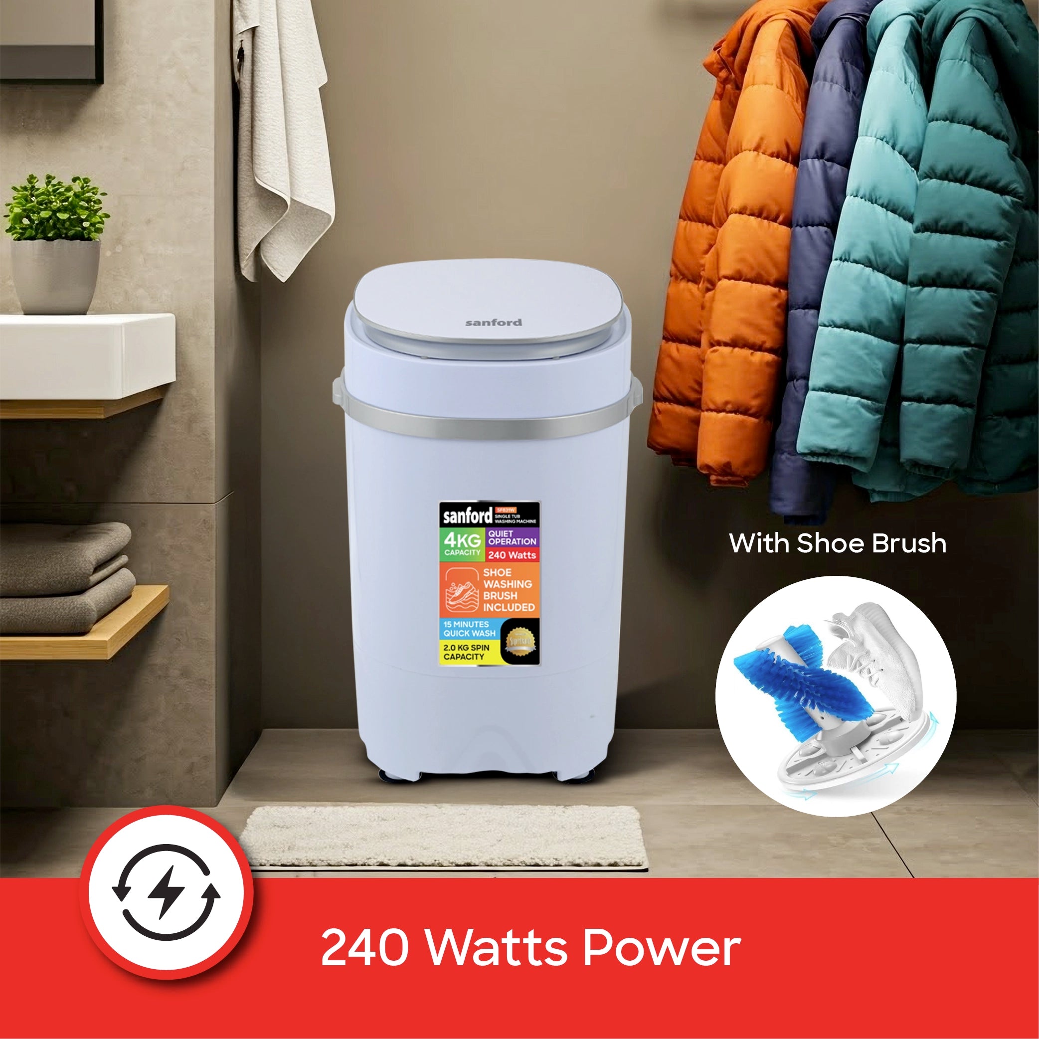 Sanford Single Tub Washing Machine 4kg 240W with 15-Minute Quick Wash - SF831W Sanford KSA