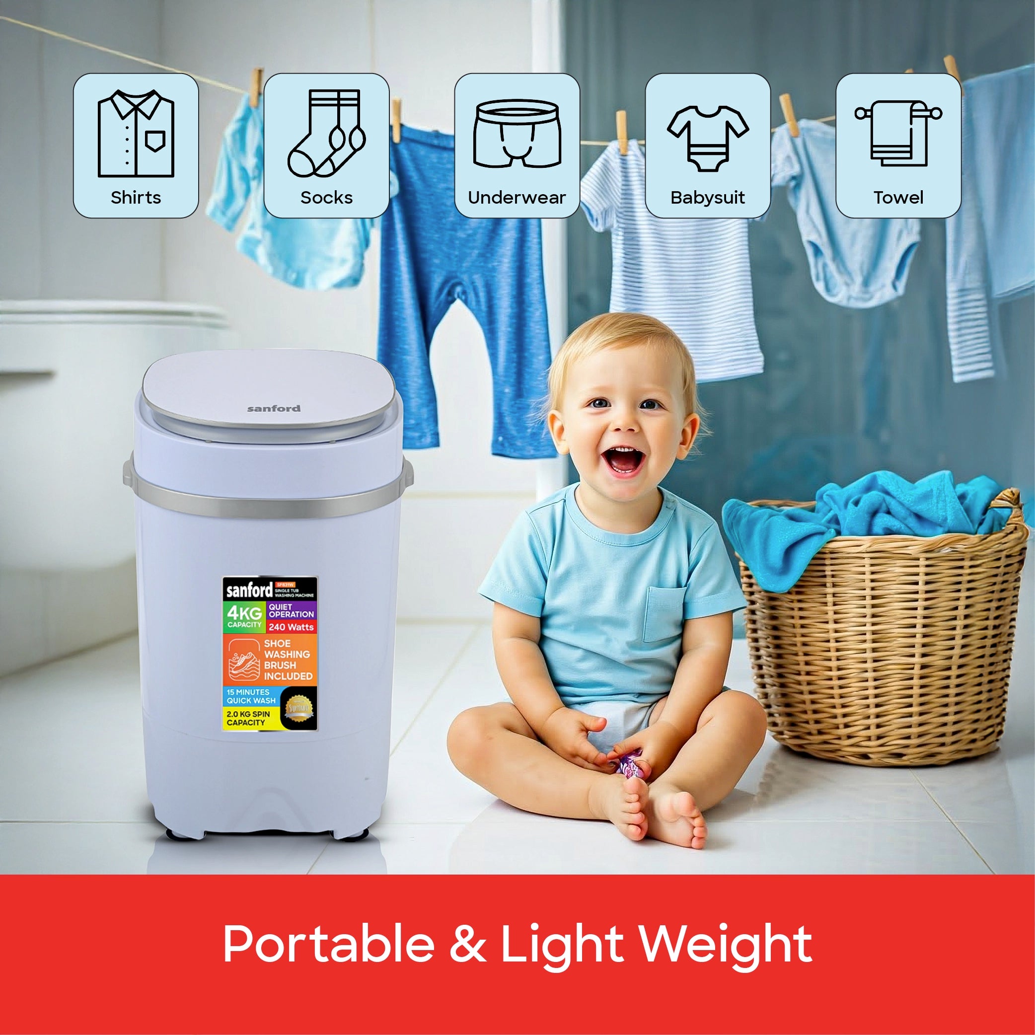 Sanford Single Tub Washing Machine 4kg 240W with 15-Minute Quick Wash - SF831W Sanford KSA