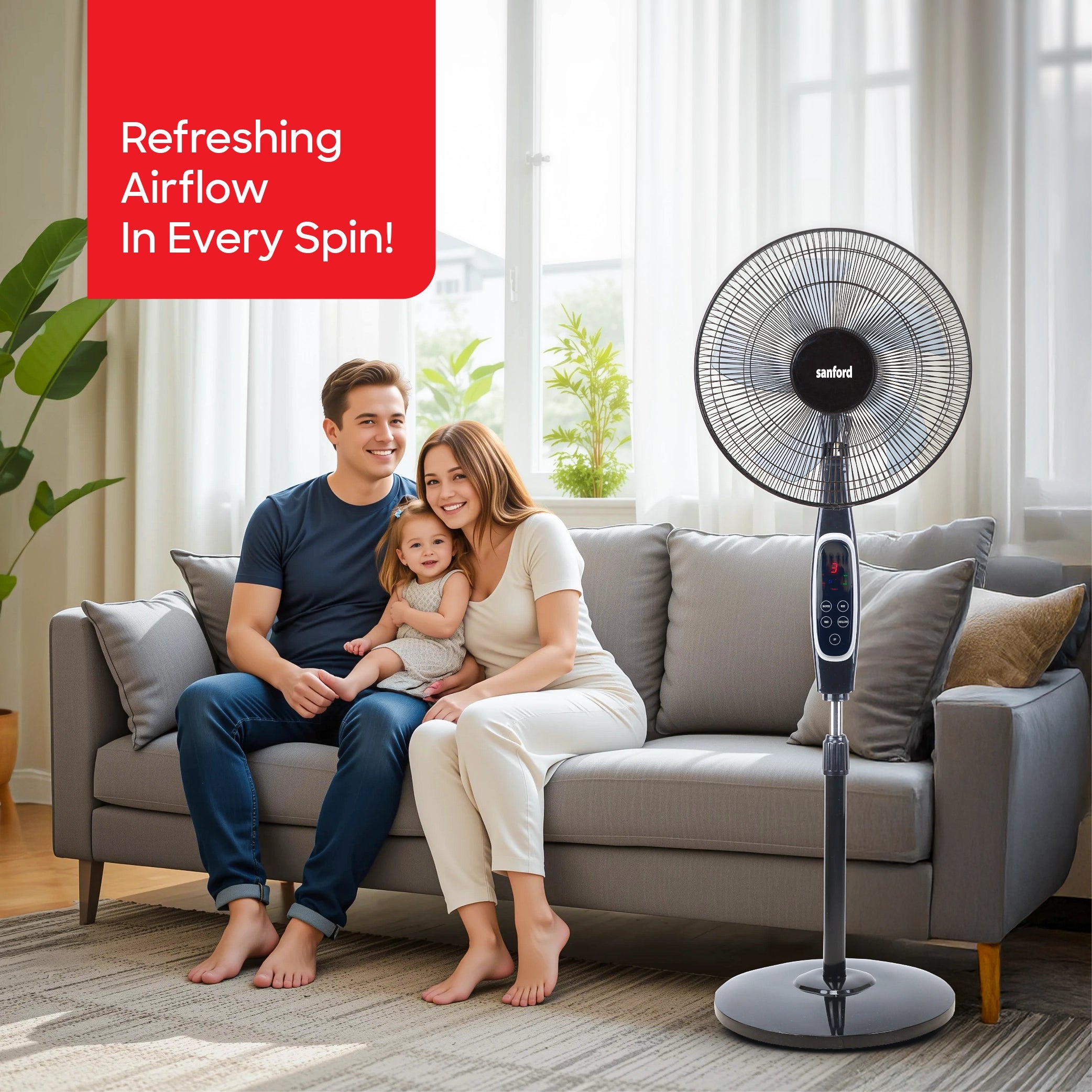 Sanford Stand Fan 18-Inch 60W with Remote Control, LED Display, 5-Blade Cooling - SF901SFN