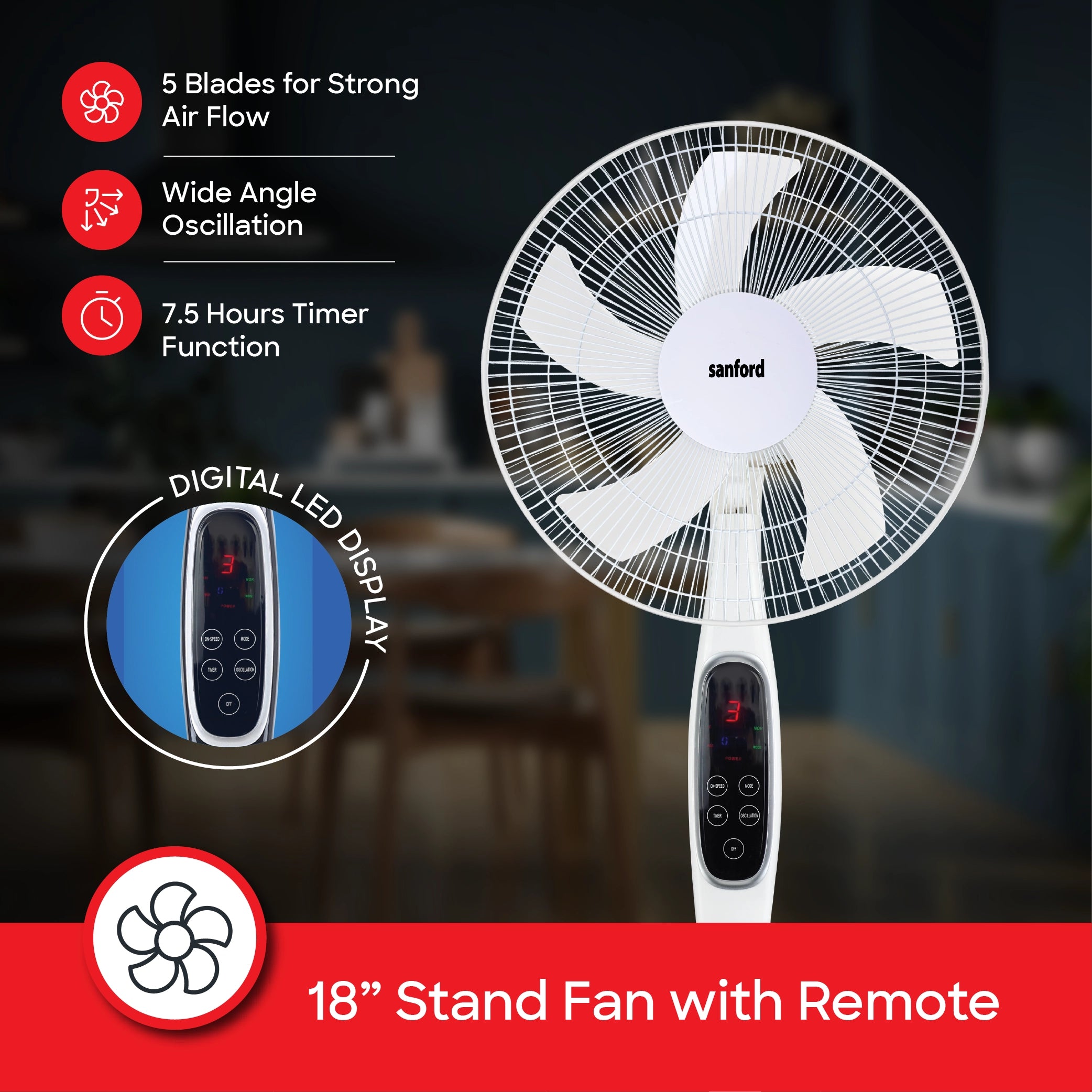 Sanford Stand Fan 18-Inch 60W with Remote Control, LED Display, 5-Blade Cooling - SF901SFN Sanford KSA