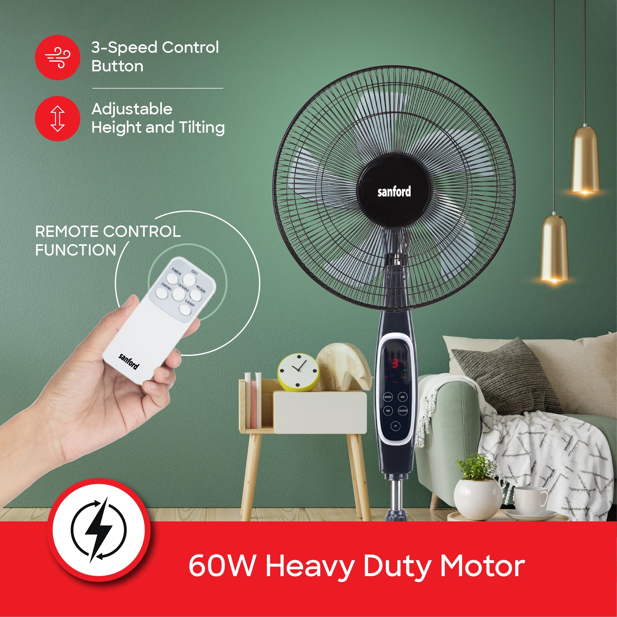 Sanford Stand Fan 18-Inch 60W with Remote Control, LED Display, 5-Blade Cooling - SF901SFN Sanford KSA