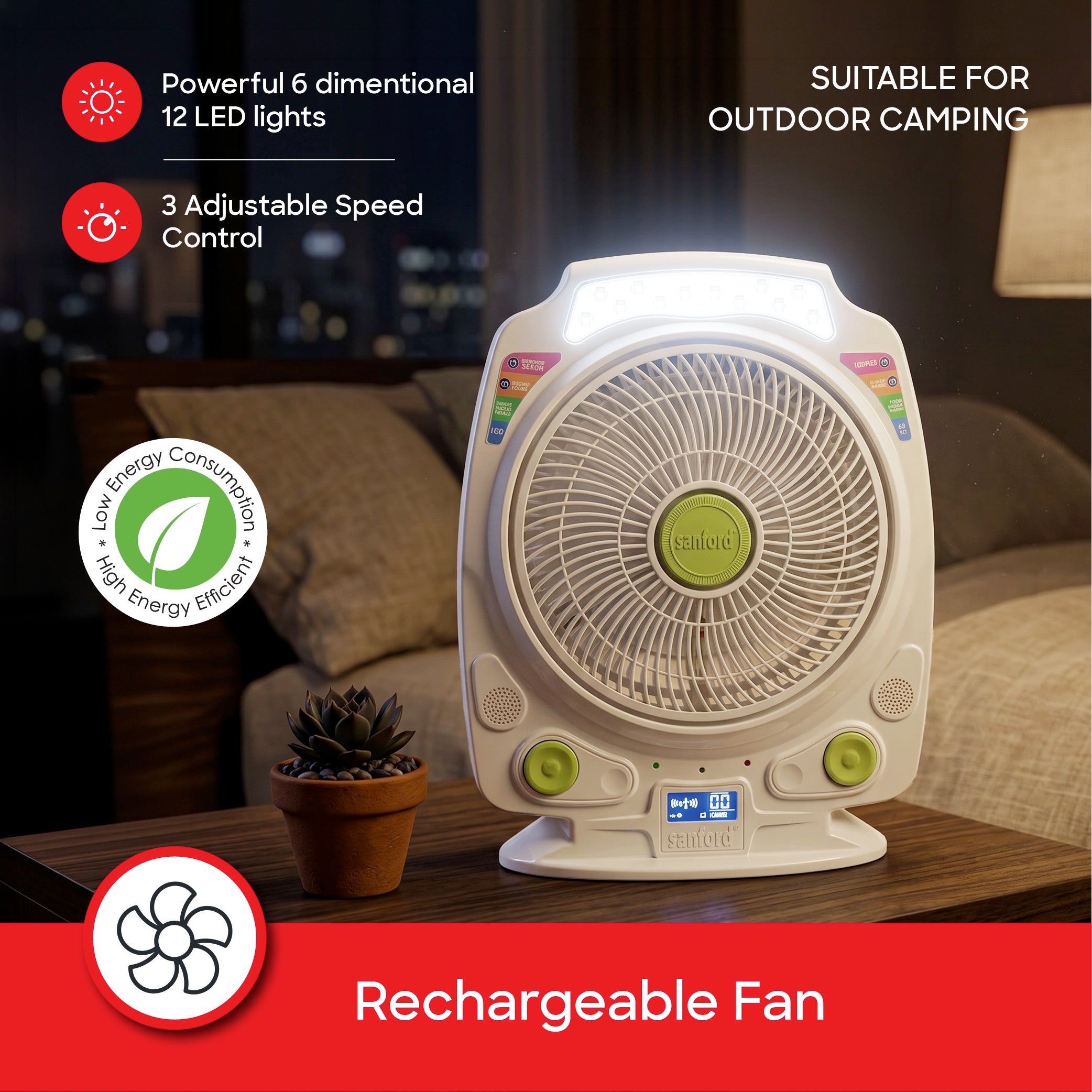 Sanford Rechargeable Table Fan Negative Ion 12 LED 3 Speed 9 Hour Timer - SF916RTF Sanford KSA