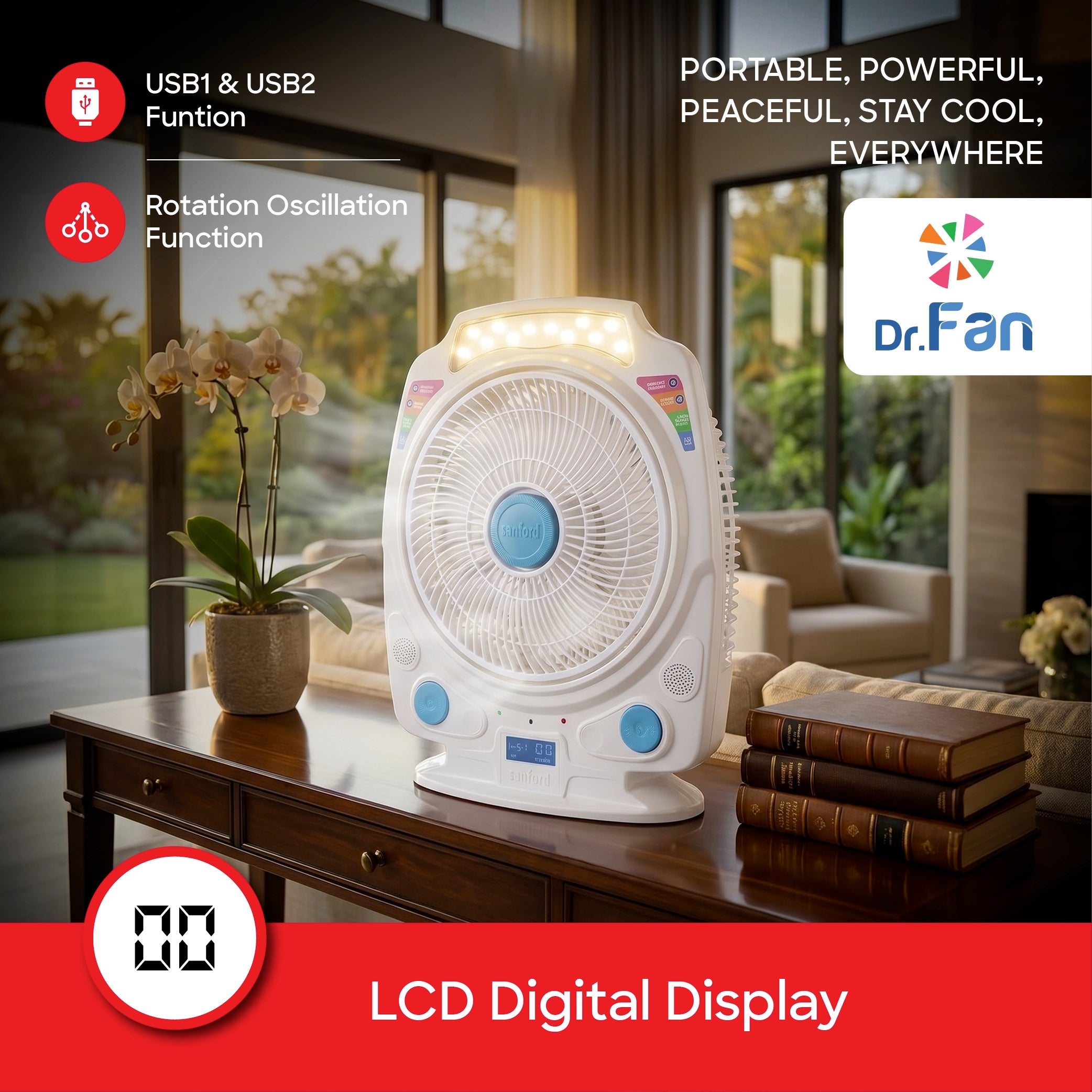 Sanford Rechargeable Table Fan Negative Ion 12 LED 3 Speed 9 Hour Timer - SF916RTF Sanford KSA