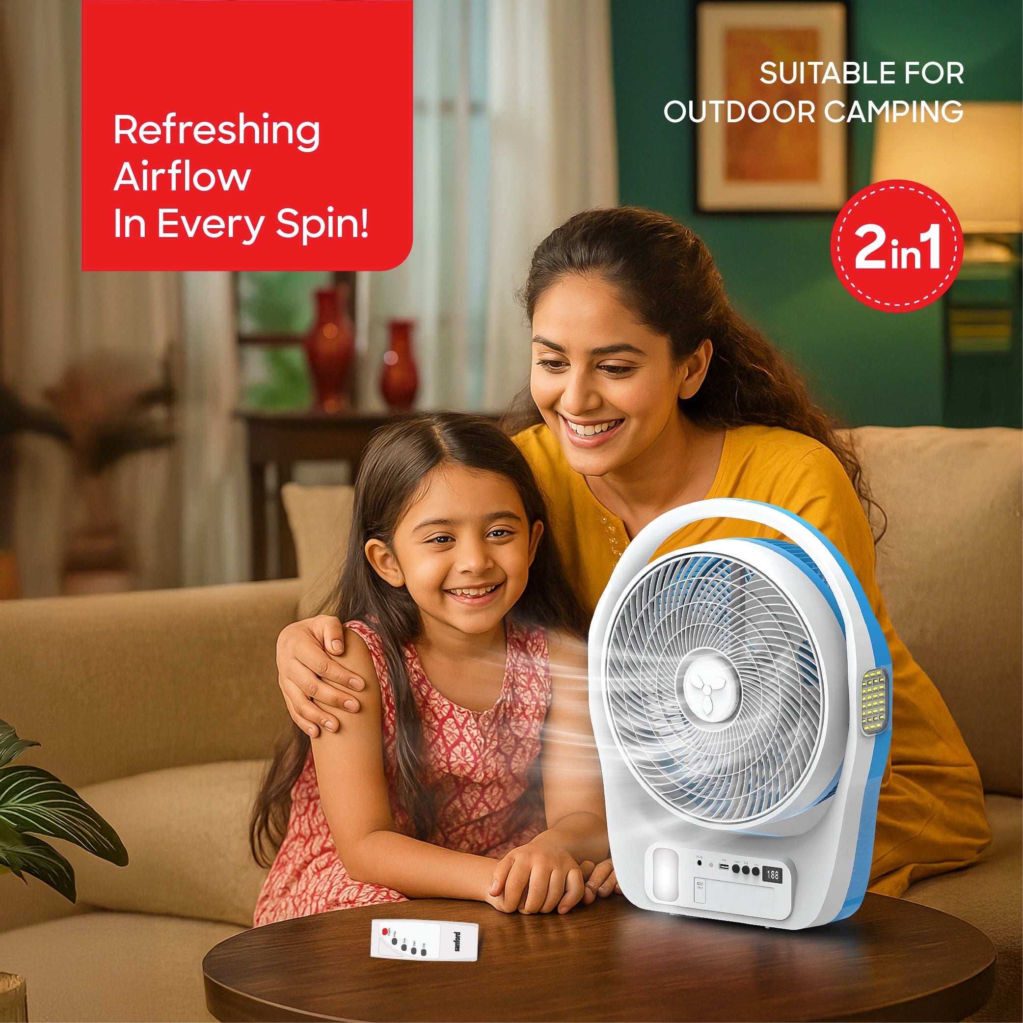Sanford Table Fan 12-Inch Rechargeable 4500mAh with LED Light and AC/DC Timer - SF917RTF Sanford KSA