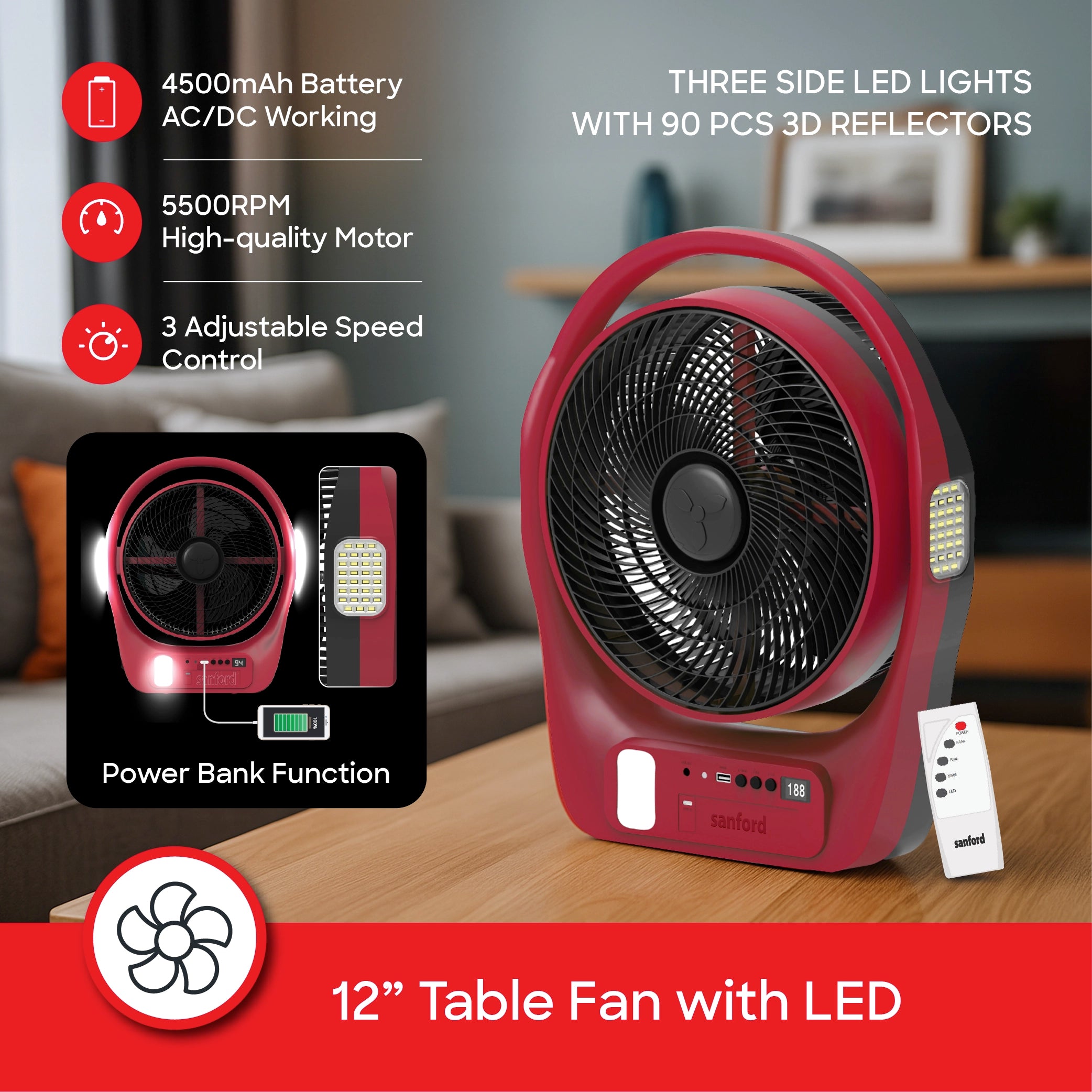 Sanford Table Fan 12-Inch Rechargeable 4500mAh with LED Light and AC/DC Timer - SF917RTF Sanford KSA