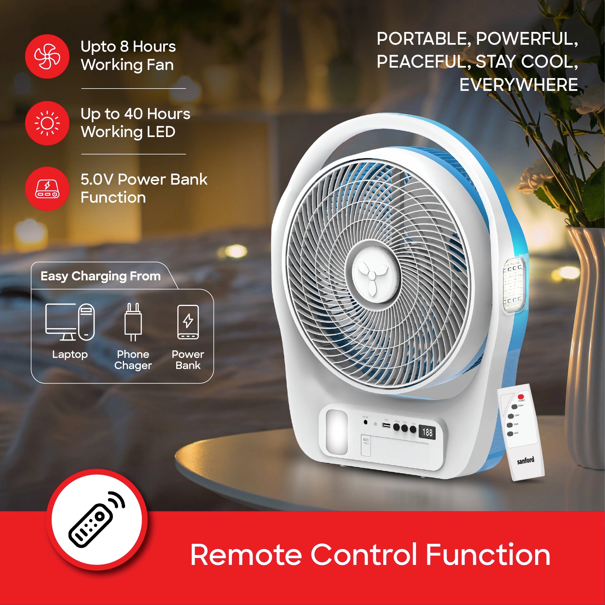 Sanford Table Fan 12-Inch Rechargeable 4500mAh with LED Light and AC/DC Timer - SF917RTF Sanford KSA