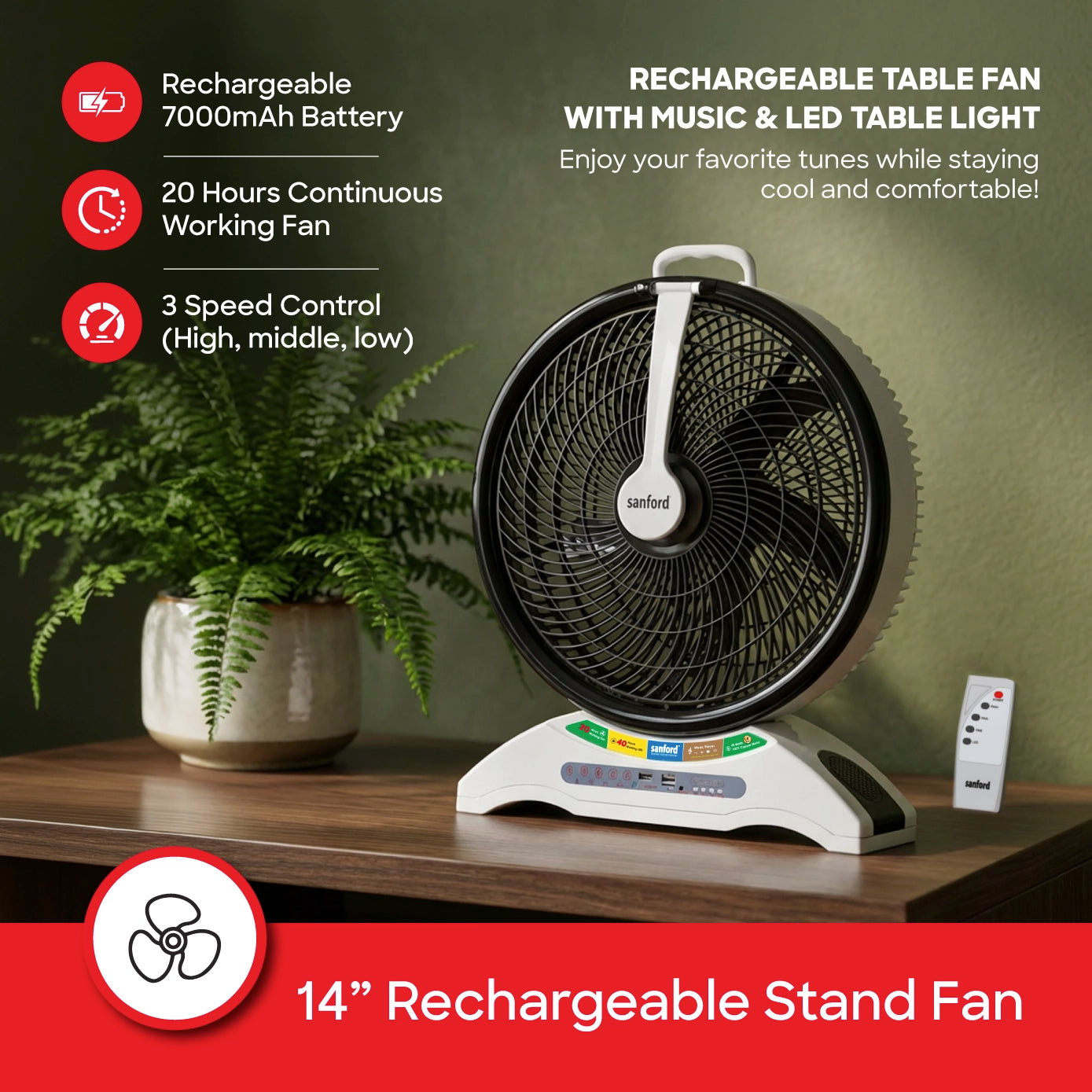 Sanford Rechargeable Table Fan KSA 14" 2 in 1 with LED Light - SF918RTF Sanford KSA