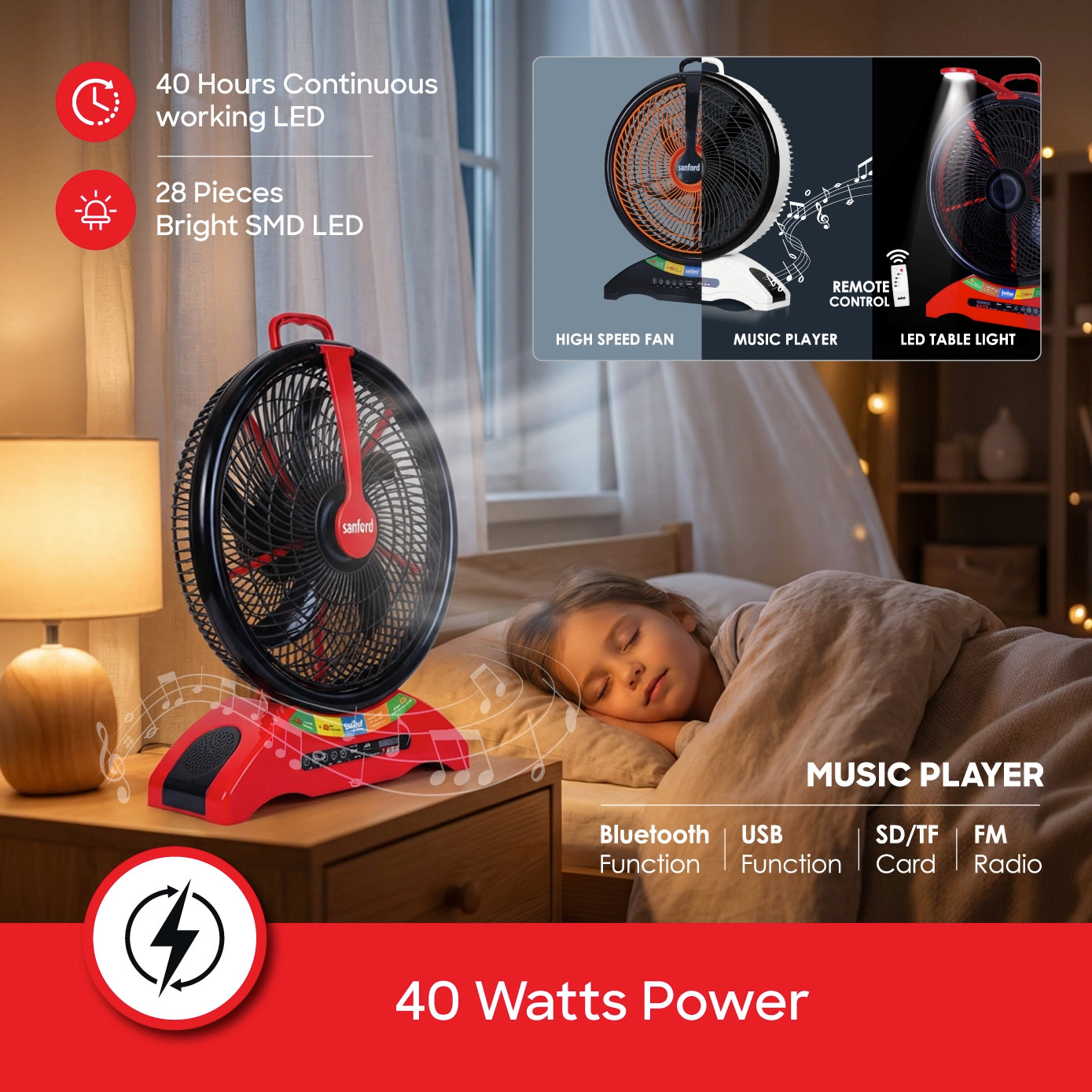 Sanford Rechargeable Table Fan KSA 14" 2 in 1 with LED Light - SF918RTF Sanford KSA