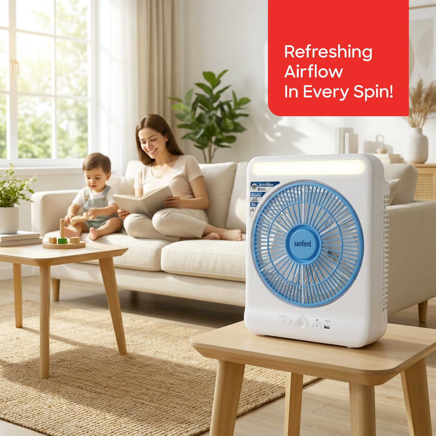 Sanford Box Fan 12-Inch Rechargeable 4500mAh with AC/DC Mode and LED Light - SF919BFN