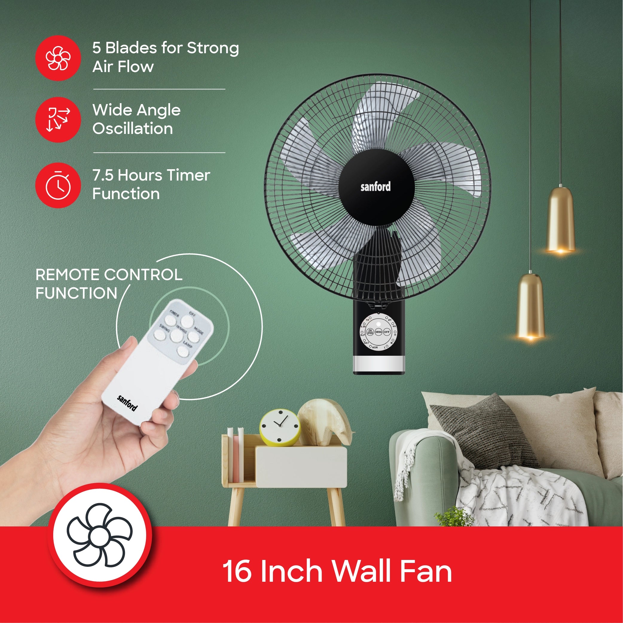 Sanford Wall Fan 16 Inch 60W with Remote Control - SF931WFN Sanford KSA