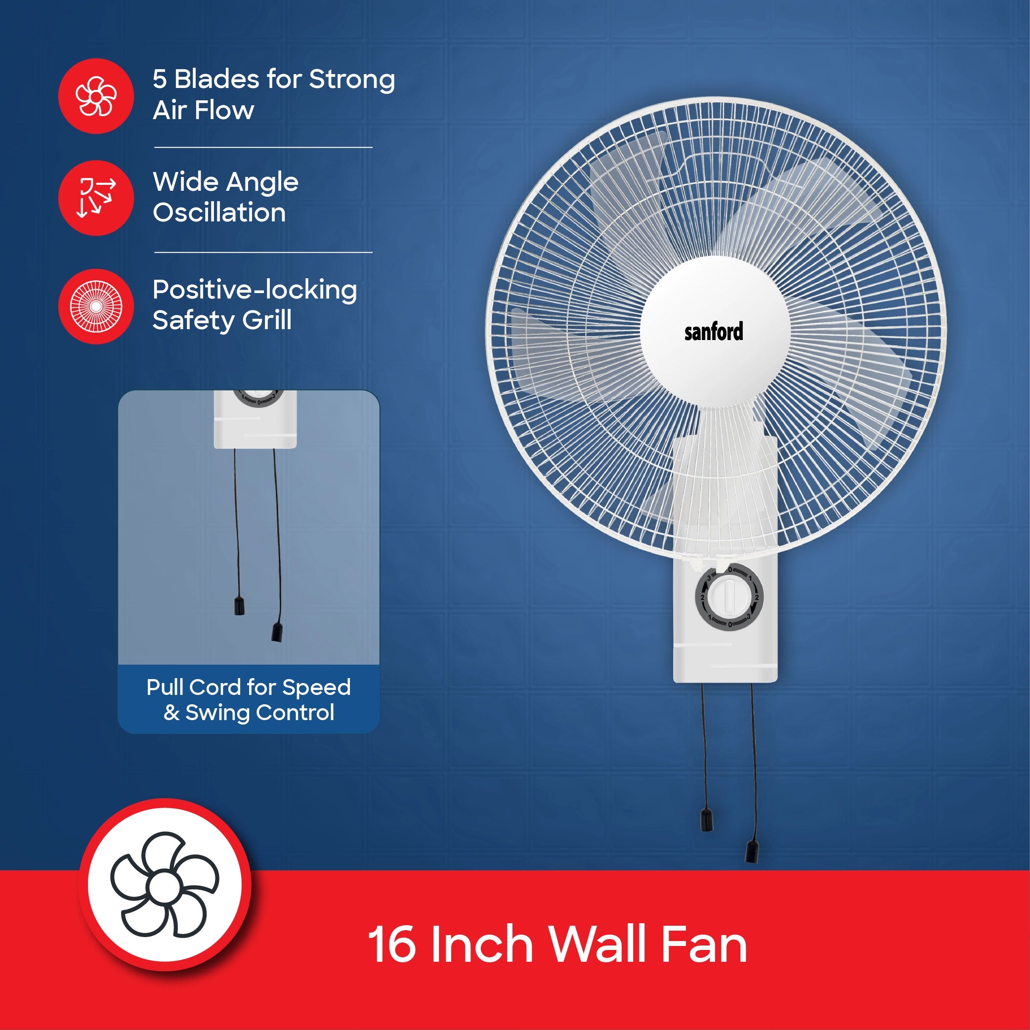 Sanford Wall Fan 16-Inch 60W with High Airflow and Full Copper Motor - SF932WFN Sanford KSA