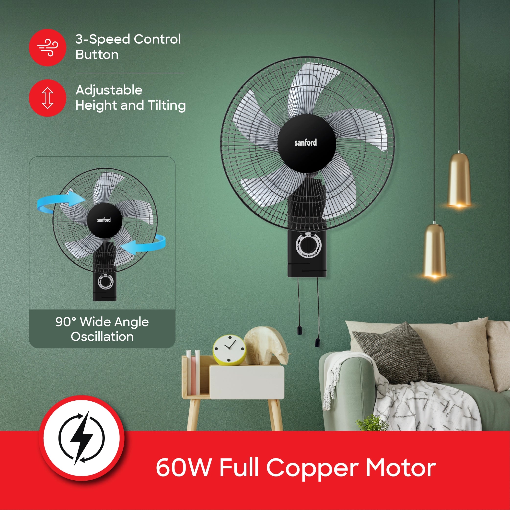 Sanford Wall Fan 16-Inch 60W with High Airflow and Full Copper Motor - SF932WFN Sanford KSA