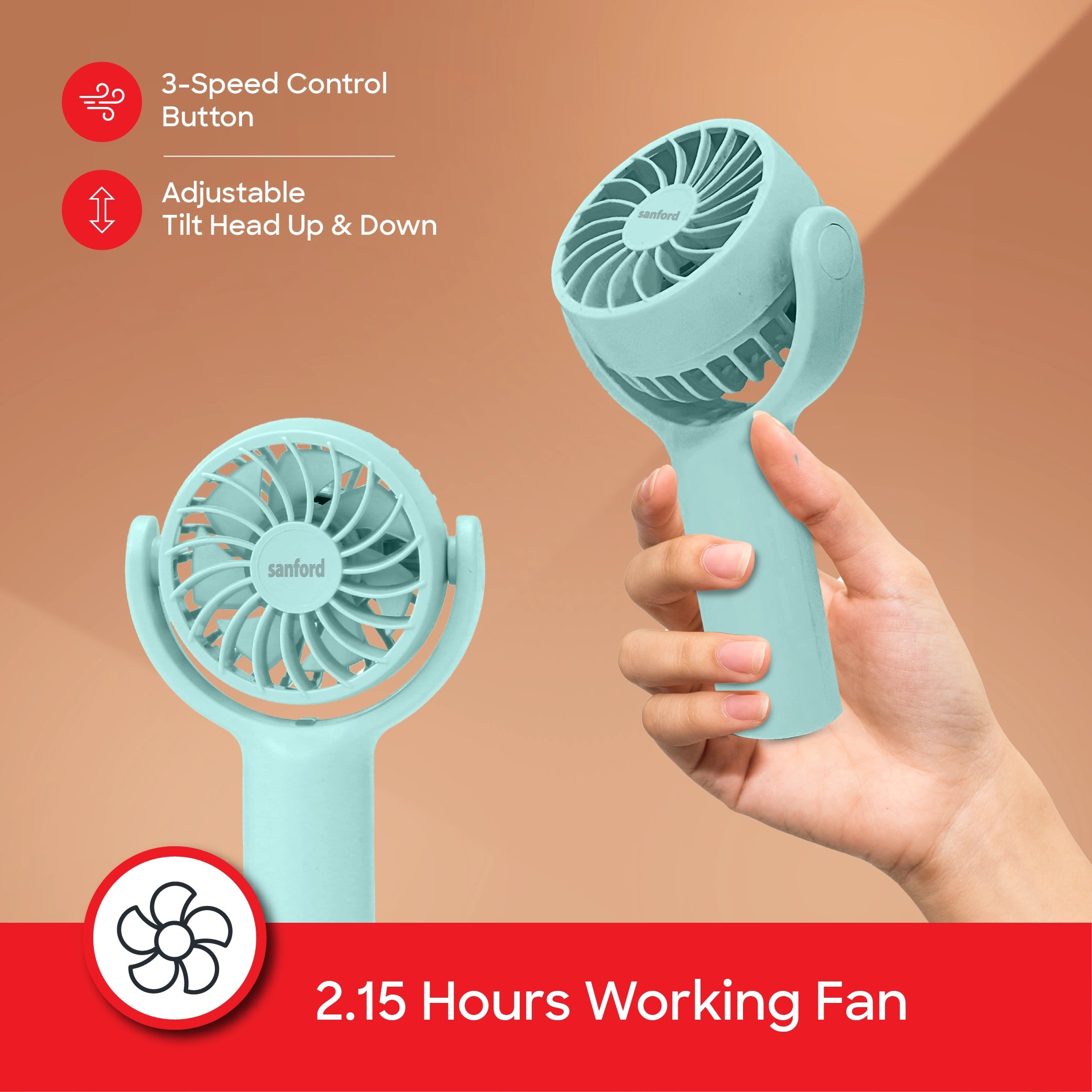 Sanford Hand Fan Rechargeable 600mAh with 5500RPM Motor and Tilt Head - SF935HFN Sanford KSA