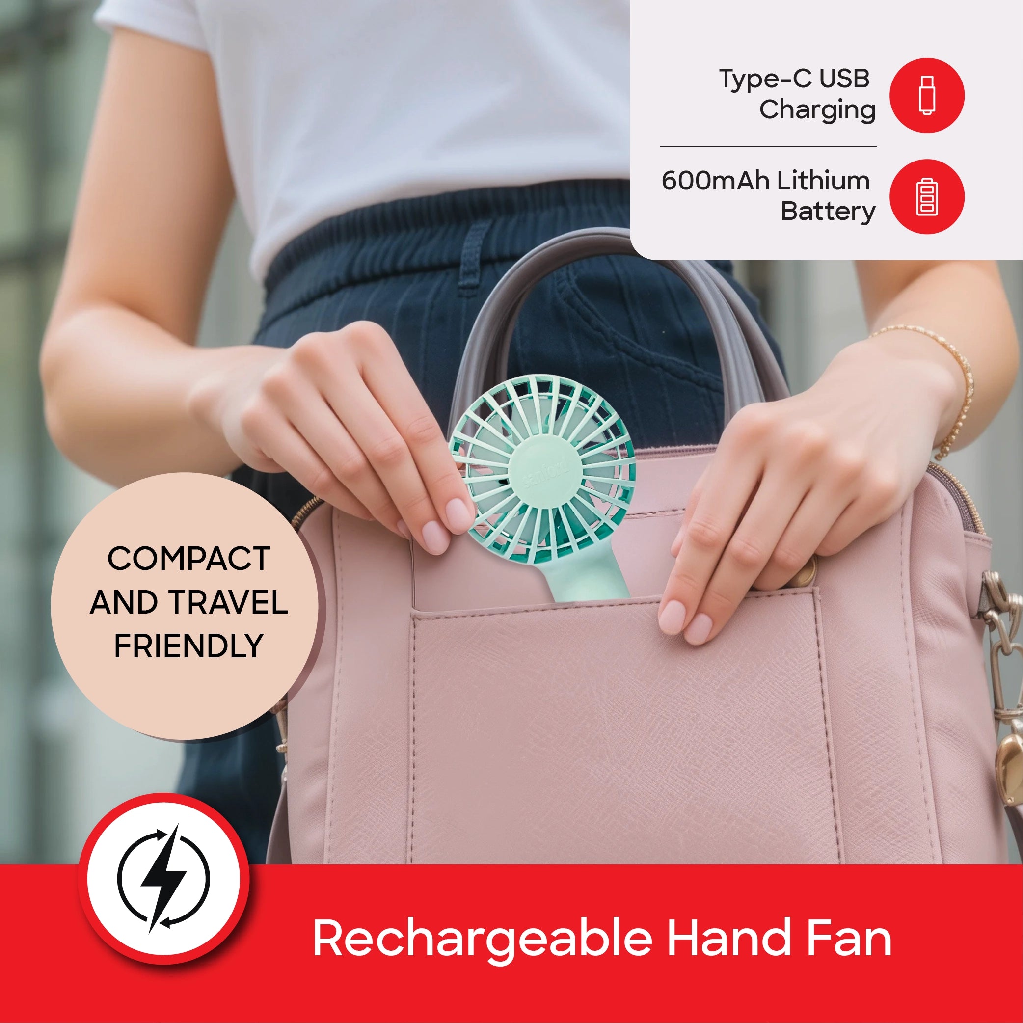 Sanford Hand Fan 600mAh Rechargeable with 5500RPM Brushless Motor - SF935HFN-A Sanford KSA