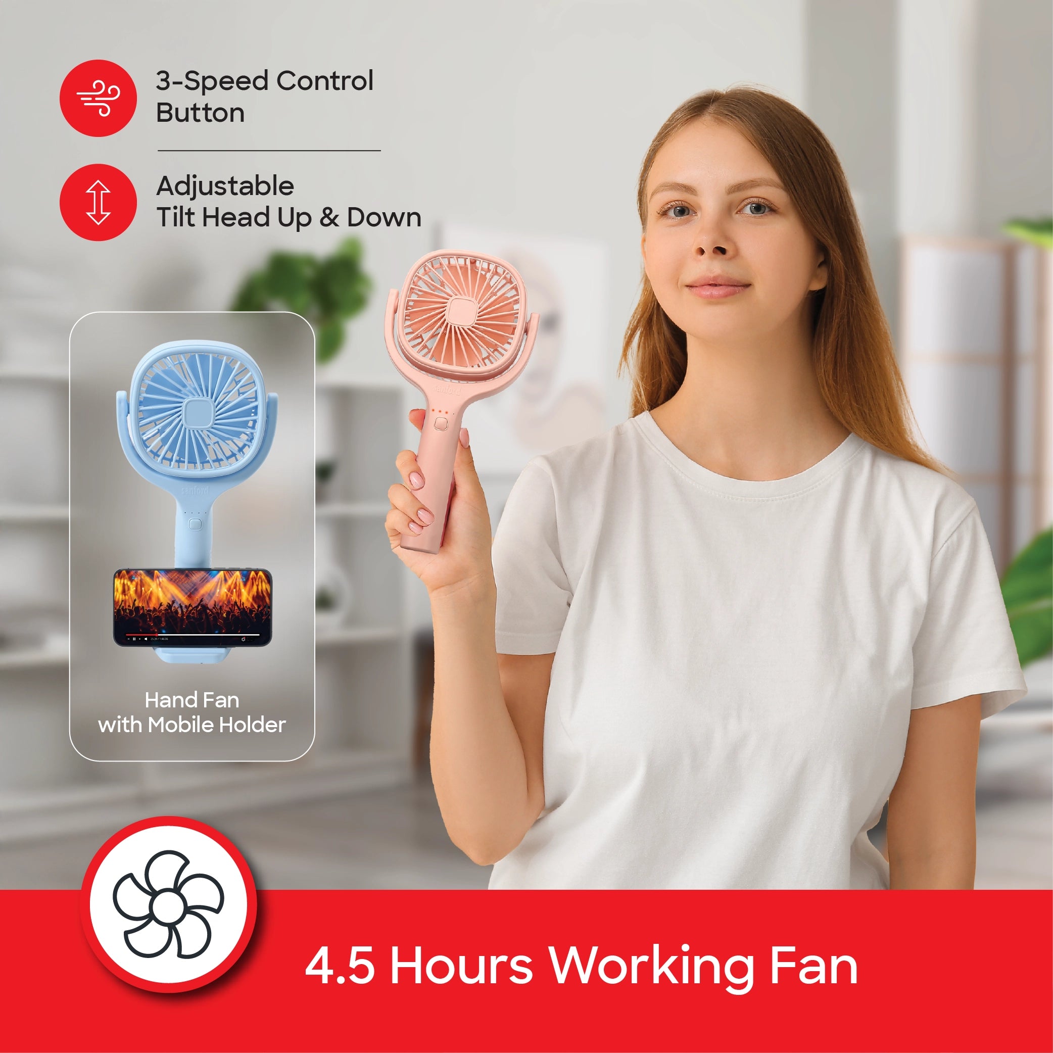 Sanford Hand Fan Rechargeable 1800mAh with 4500RPM Motor and Tilt Head - SF936HFN Sanford KSA
