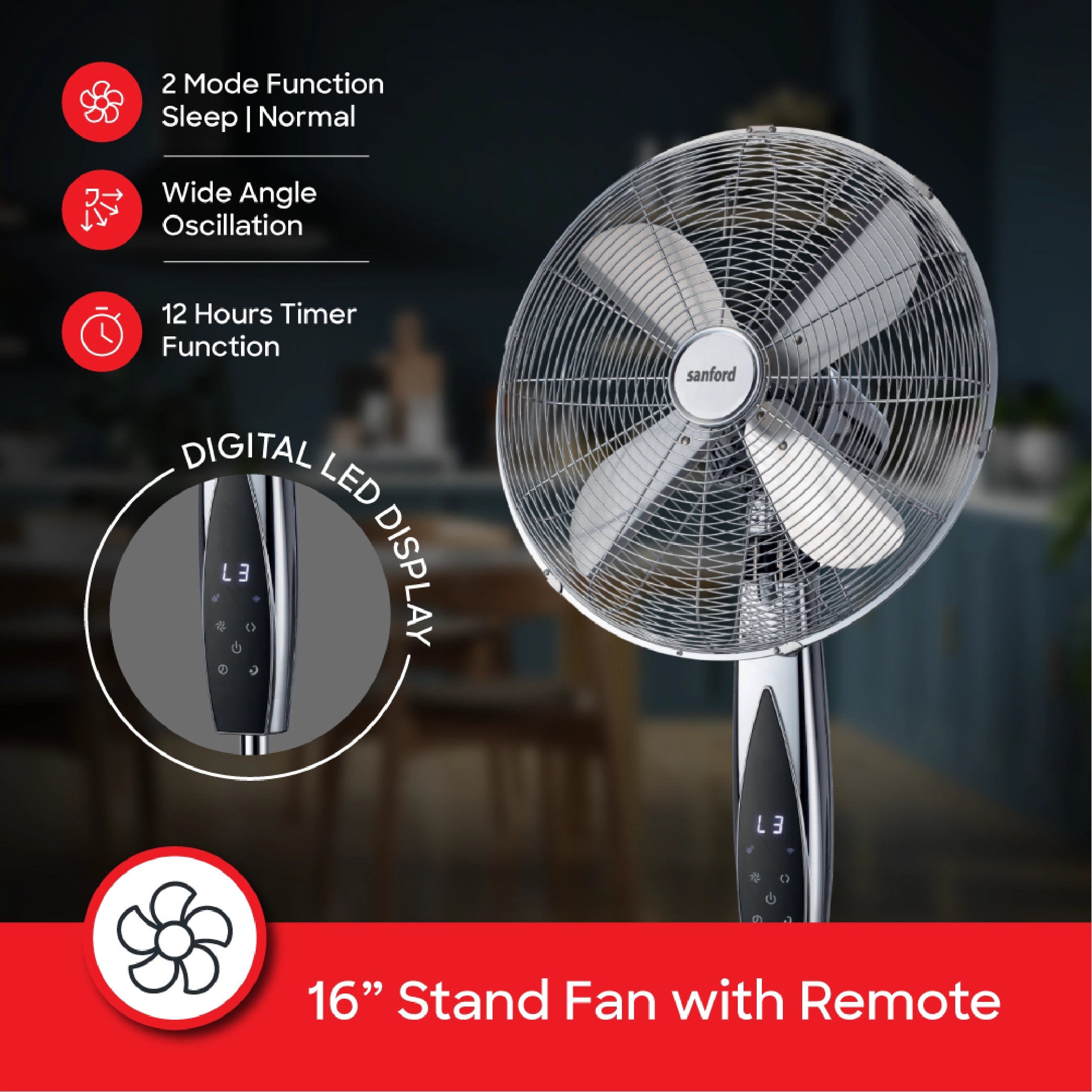 Sanford Metal Stand Fan 16-Inch 55W with Remote Control and LED Display - SF945SFN Sanford KSA
