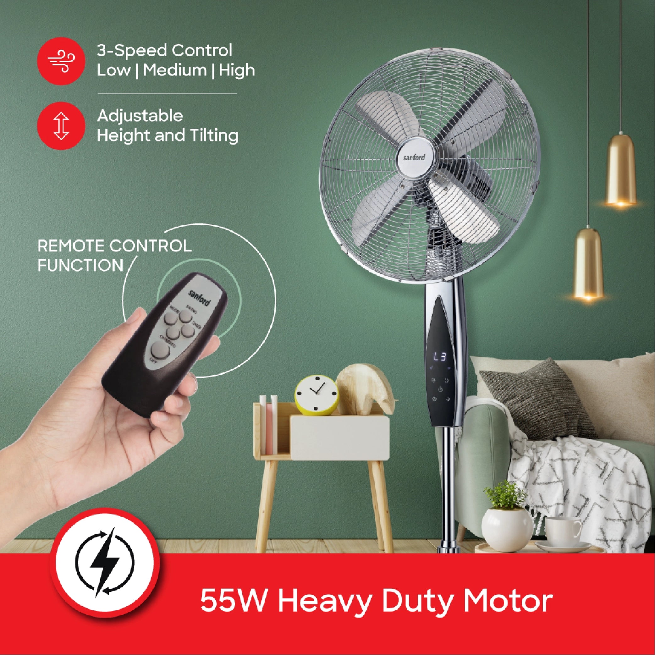 Sanford Metal Stand Fan 16-Inch 55W with Remote Control and LED Display - SF945SFN Sanford KSA