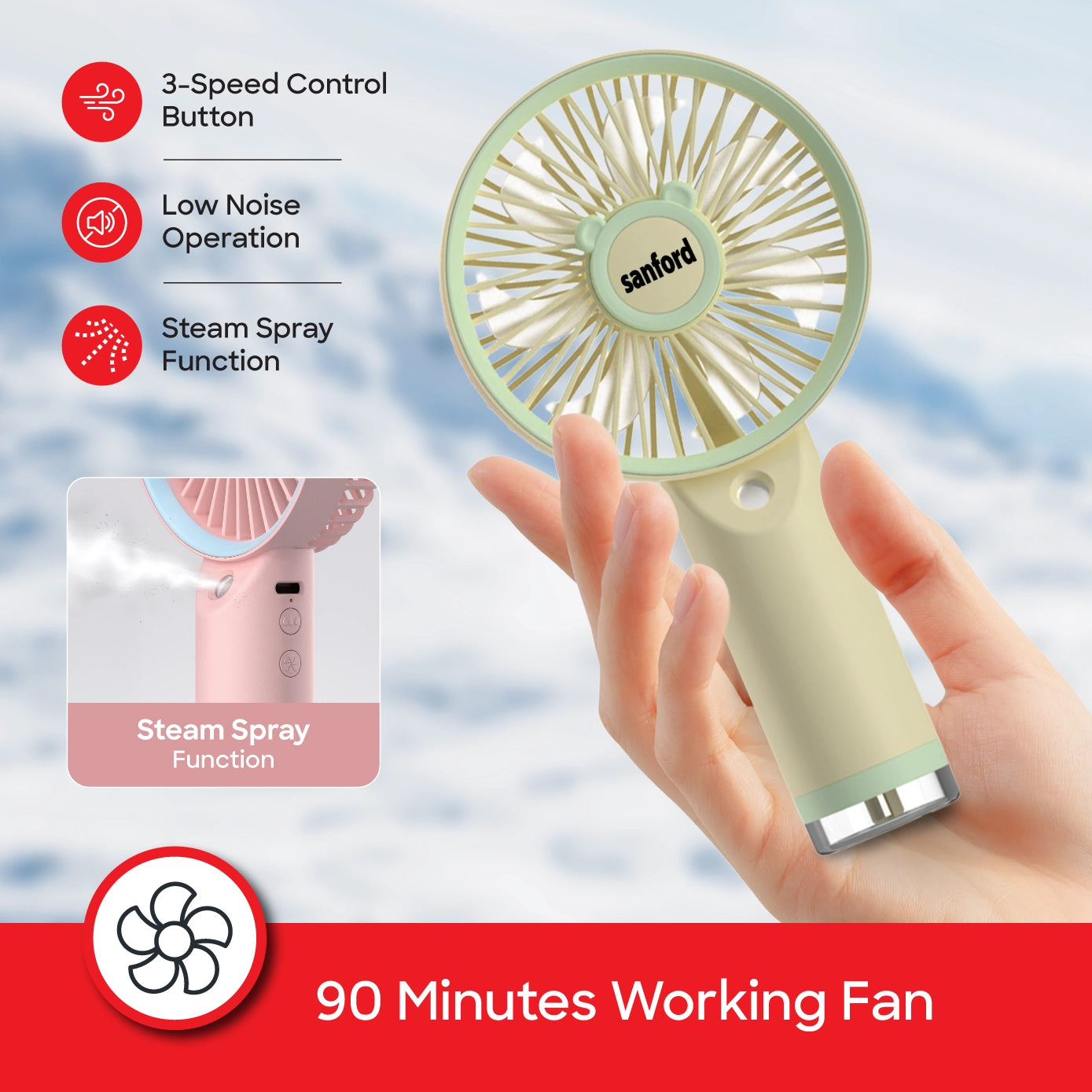 Sanford Hand Fan Rechargeable with Steam Spray 3 Speed - SF949HFN Sanford KSA