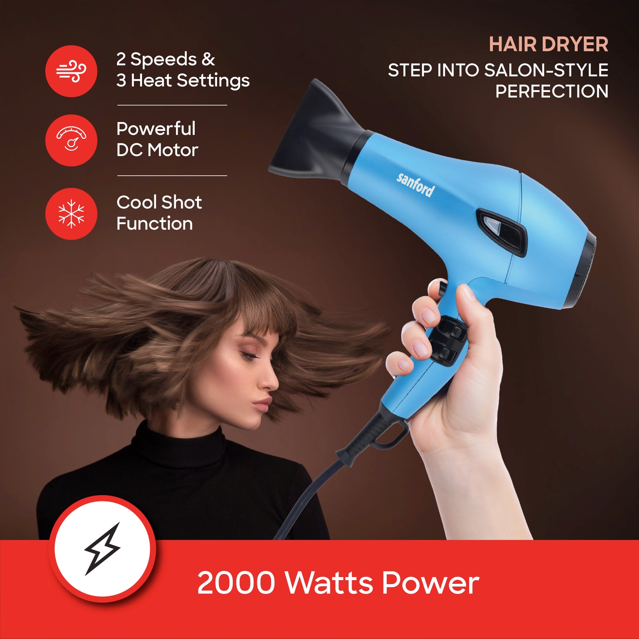 Sanford 5-in-1 Hair Styling Kit with Dryer, Straightener & Curler - SF9679PCC Sanford KSA