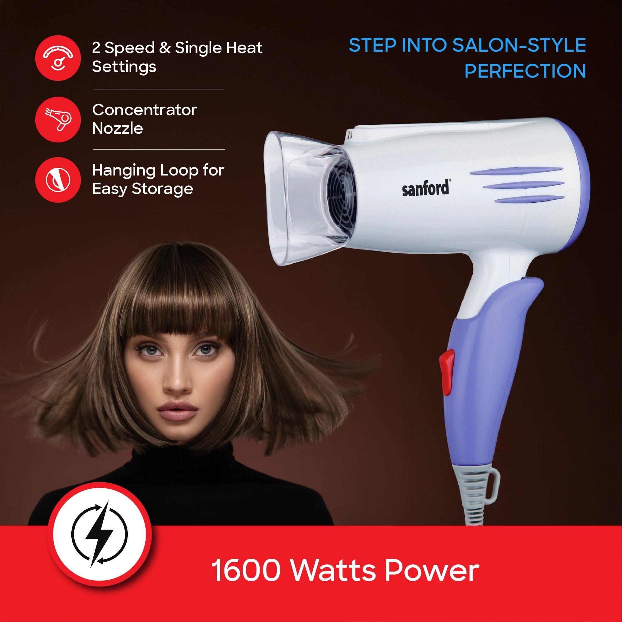 Sanford Foldable Travel Hair Dryer 1600W with Concentrator Nozzle & 2 Speeds - SF9680HD Sanford KSA