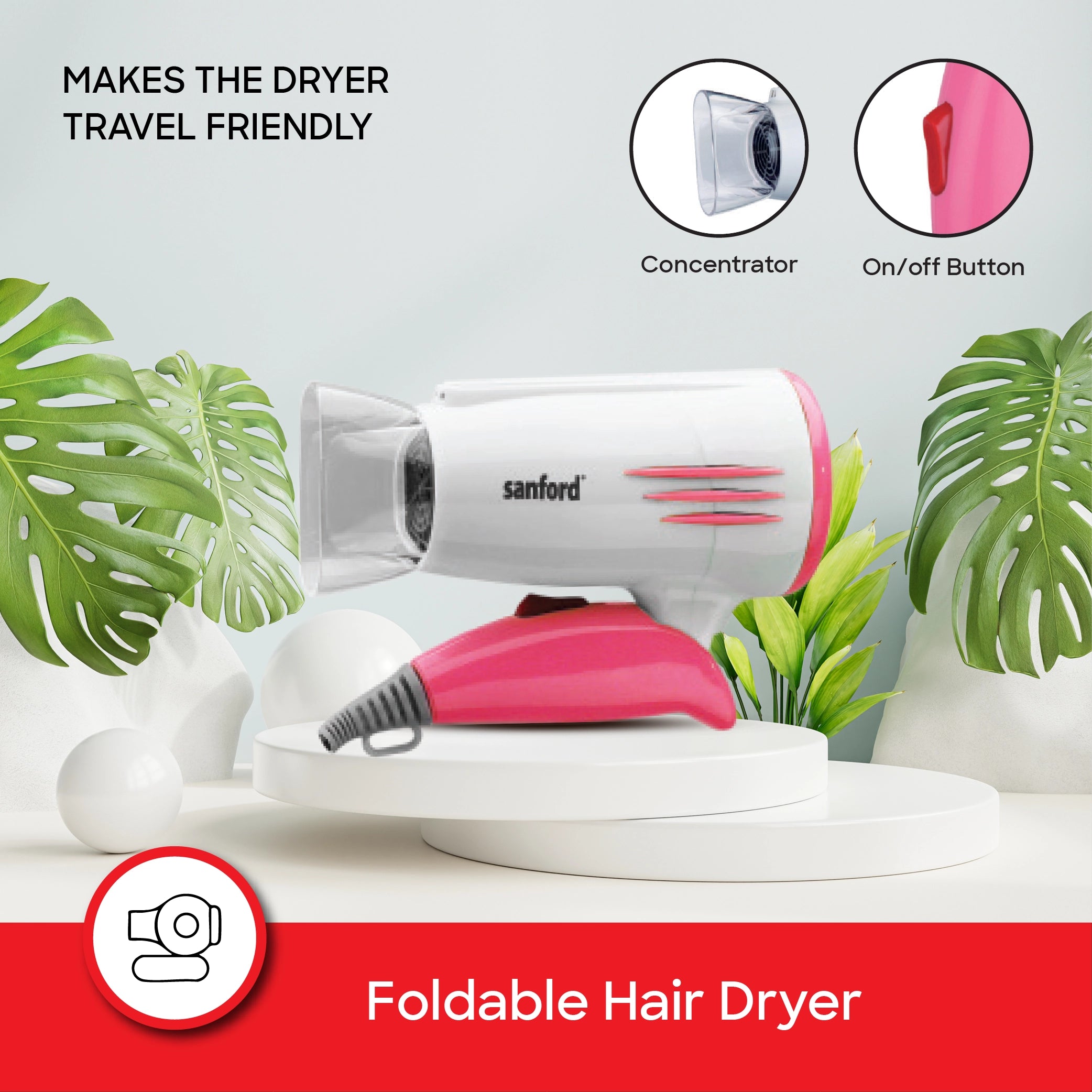 Sanford Foldable Travel Hair Dryer 1600W with Concentrator Nozzle & 2 Speeds - SF9680HD Sanford KSA