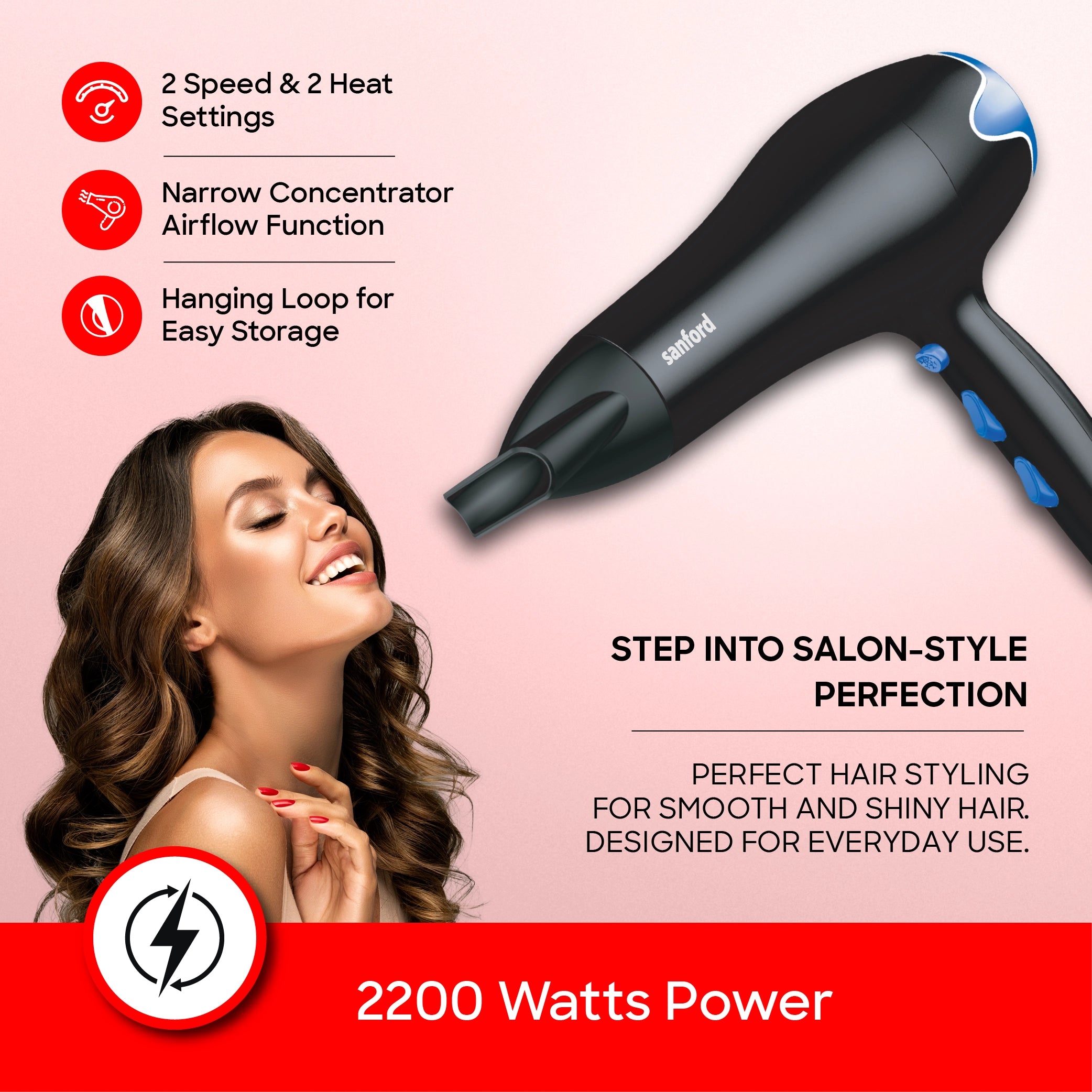 Sanford Hair Dryer KSA 2200W 2 Speed & 2 Heat, Cool Shot, Narrow Concentrator - SF9694HD Sanford KSA