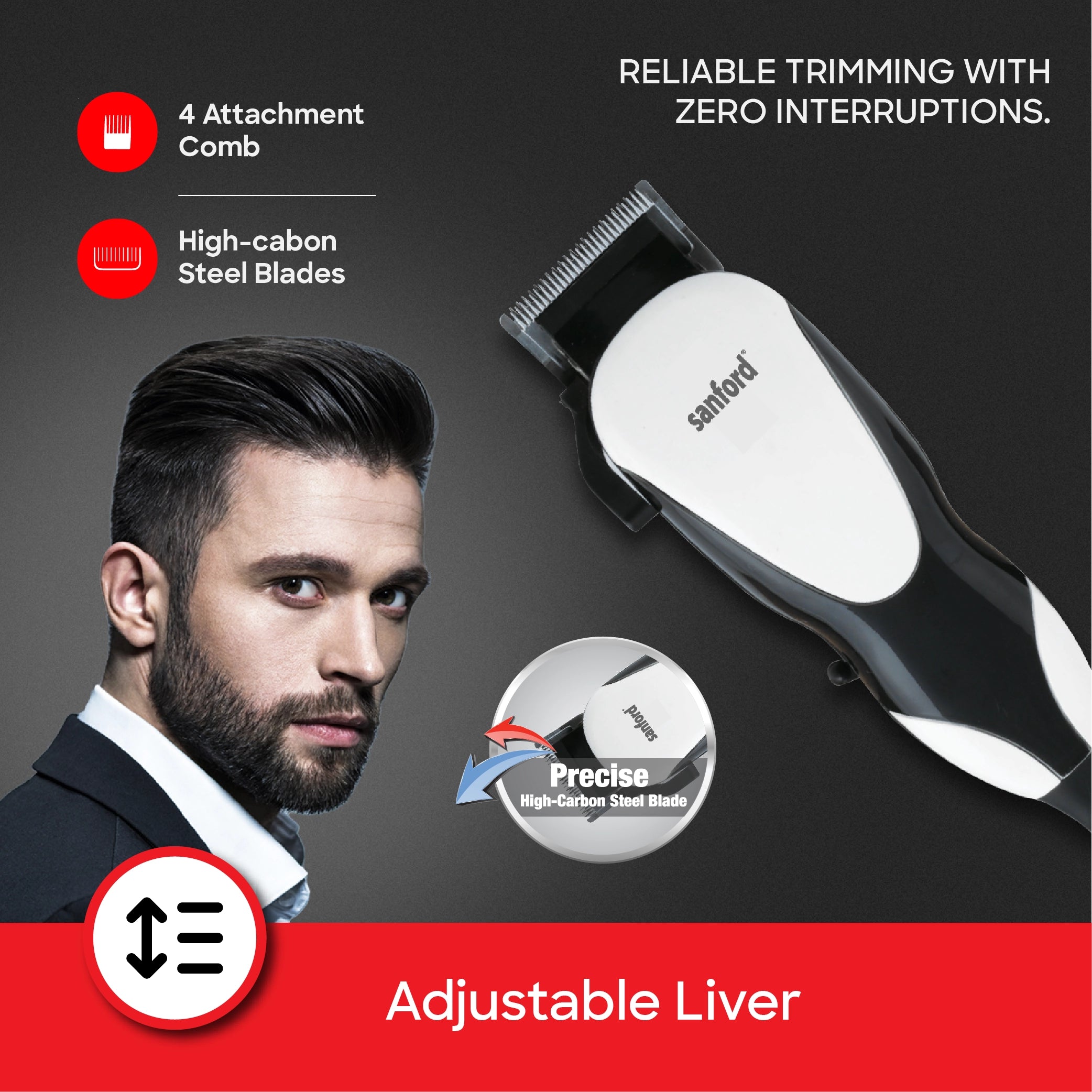 Sanford Hair Clipper Sharp Blade Adjustable Lever Clip On Comb 0.1mm Trim - SF9706HC Sanford KSA
