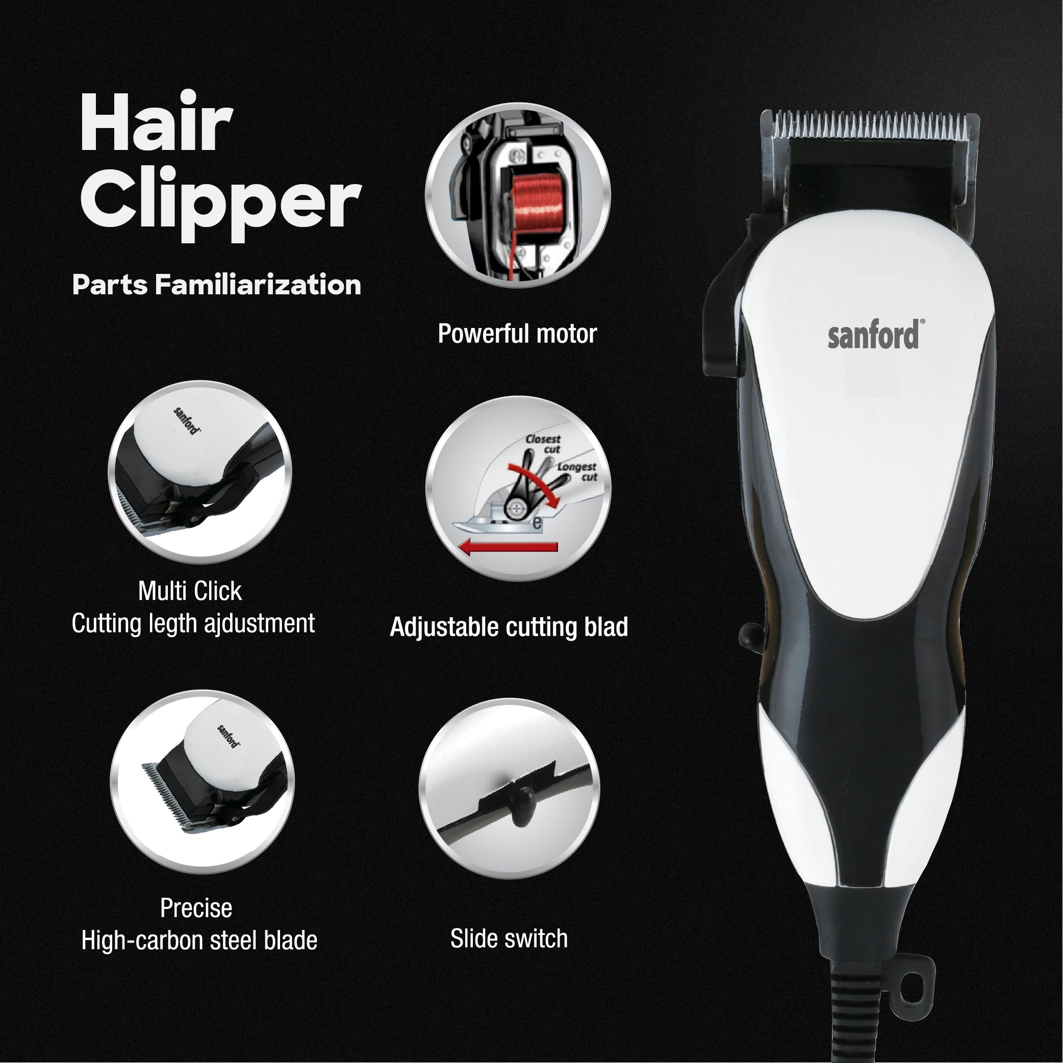 Sanford Hair Clipper Sharp Blade Adjustable Lever Clip On Comb 0.1mm Trim - SF9706HC Sanford KSA
