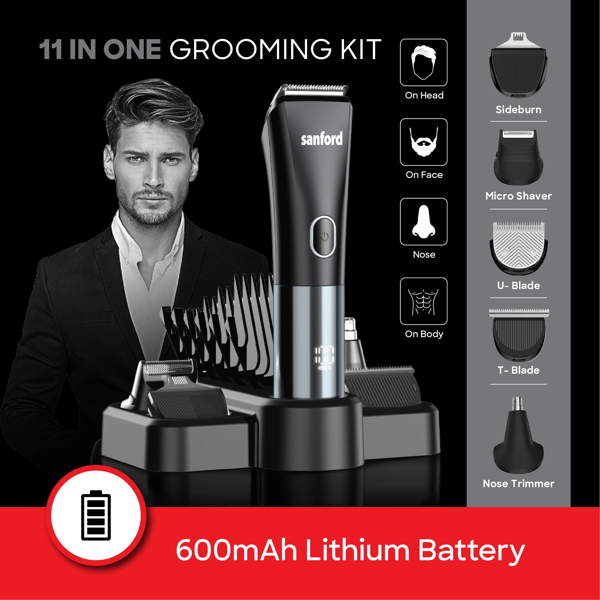 Sanford Rechargeable Hair Clipper 11 in 1 Grooming Kit with LED Display - SF9711HC Sanford KSA