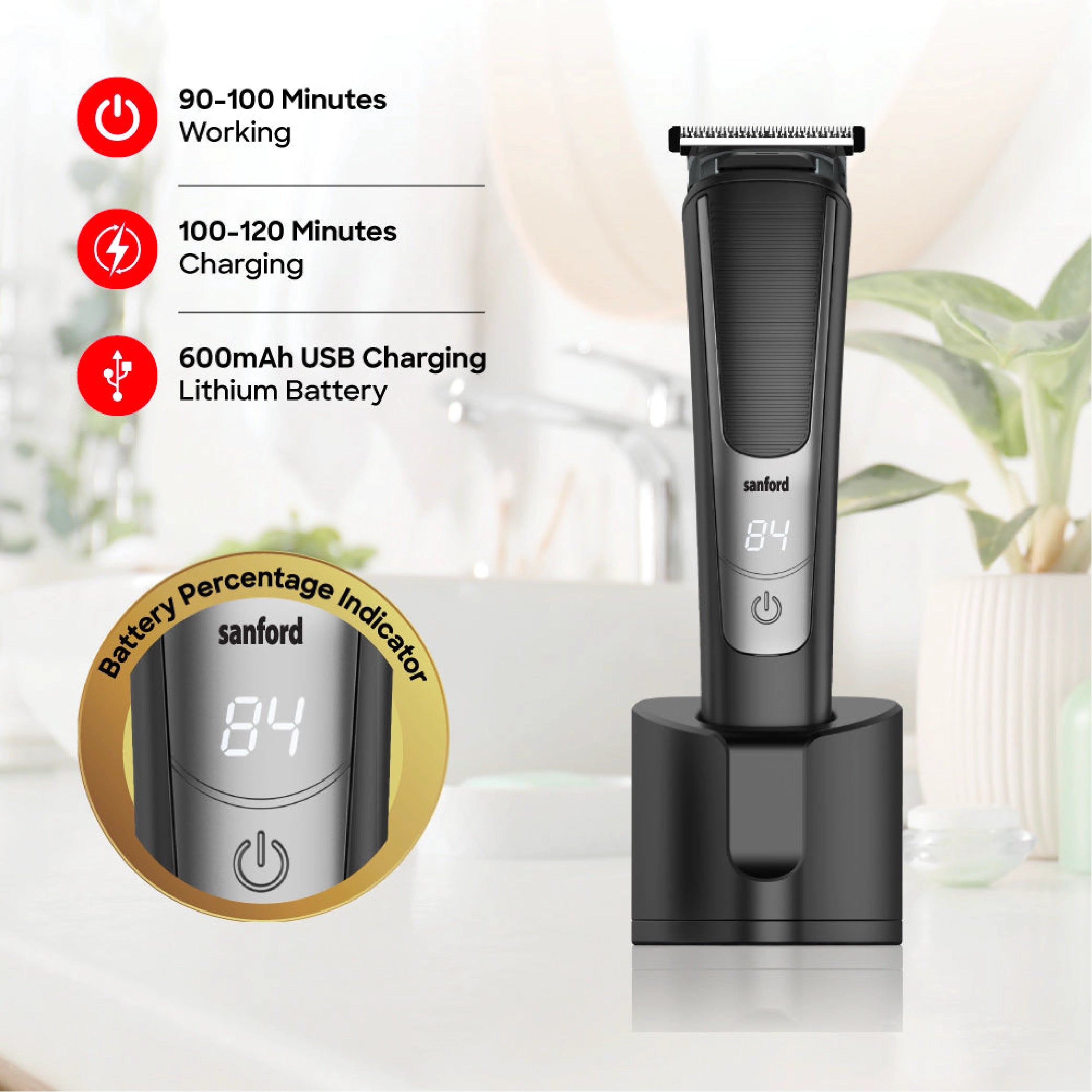 Sanford Hair Trimmer with 90-100 Min Runtime LED Display USB Charging and Long-Lasting Lithium Battery - SF9713HC Sanford KSA