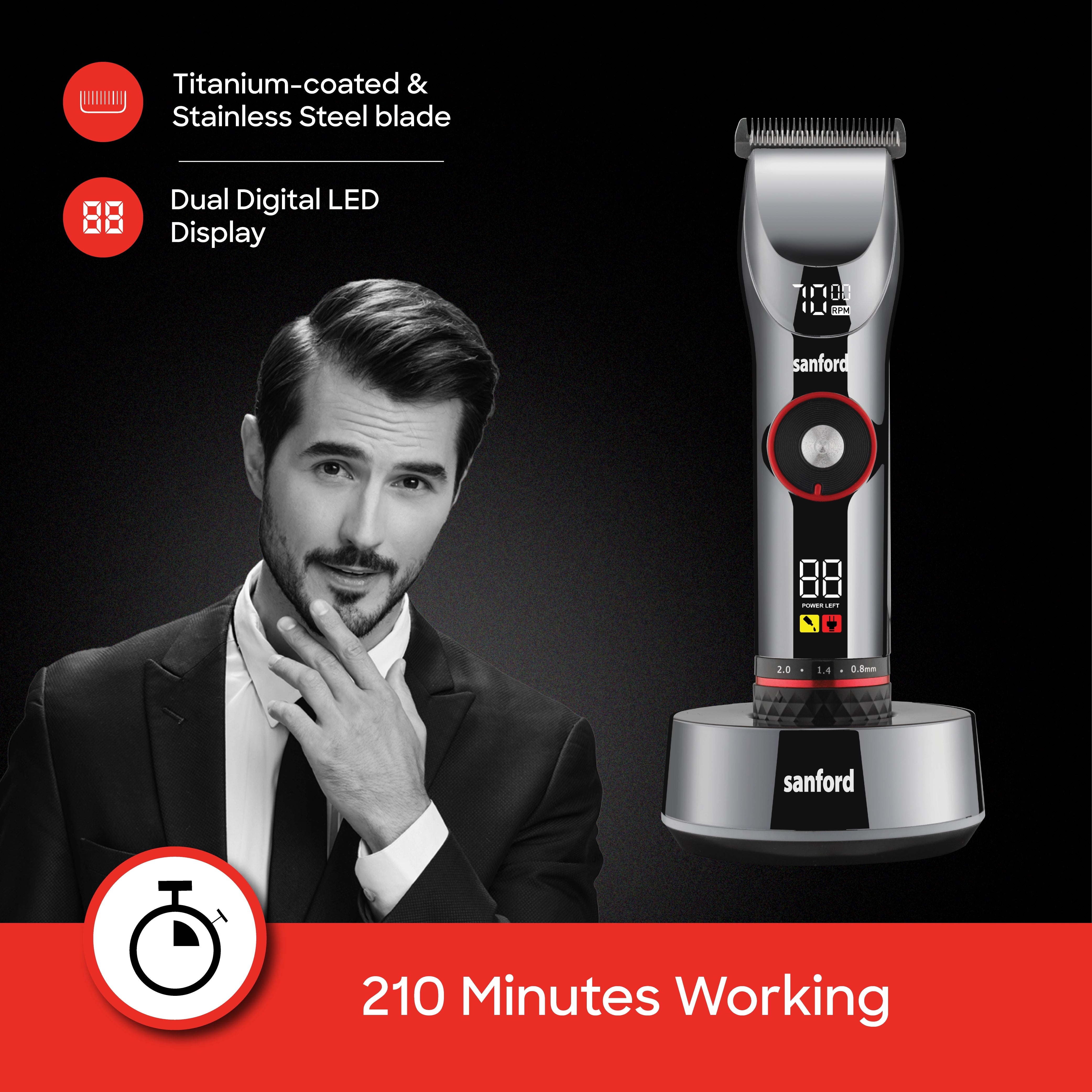 Sanford Professional Hair Clipper with Wireless Charging Base and Dual Display - SF9722HC Sanford KSA