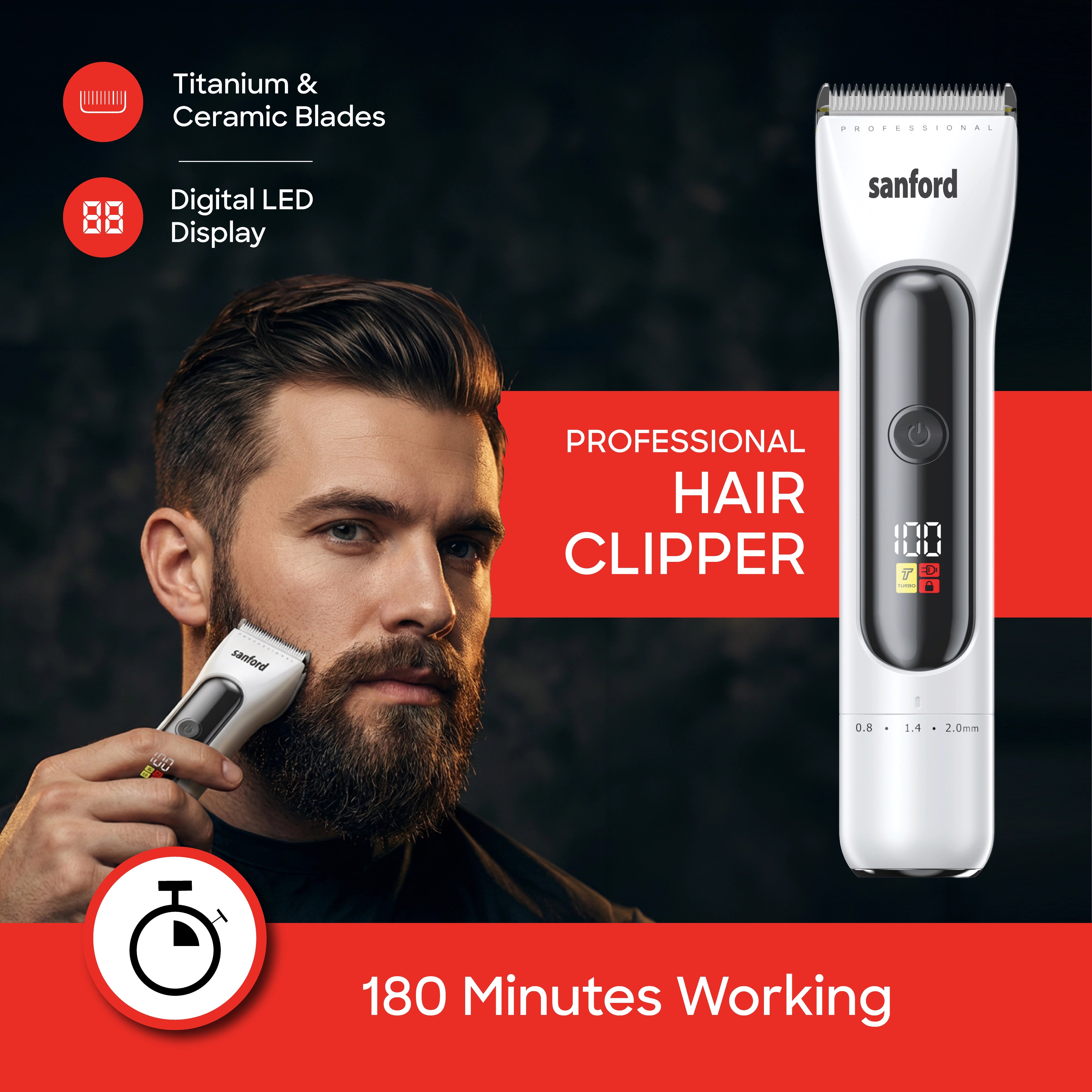Sanford Professional Hair Clipper with Titanium Ceramic Blade and LED Display - SF9724HC Sanford KSA