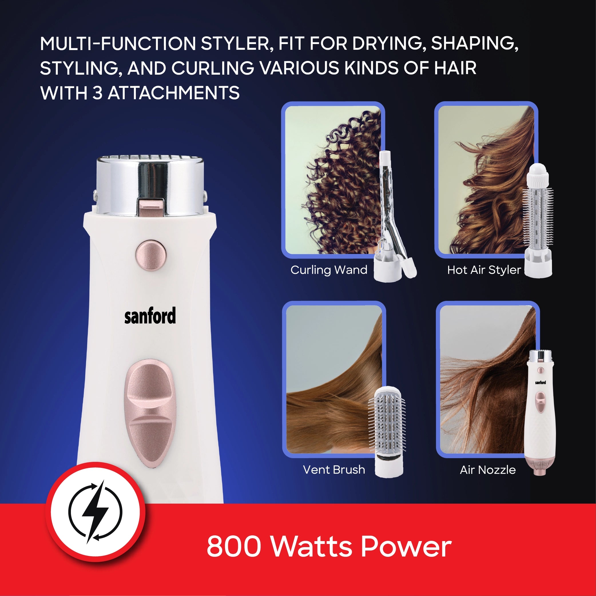 Sanford 4-in-1 Hot Air Hair Styler 800W with Vent Brush, Curling Wand & Styler Head - SF9752HS Sanford KSA