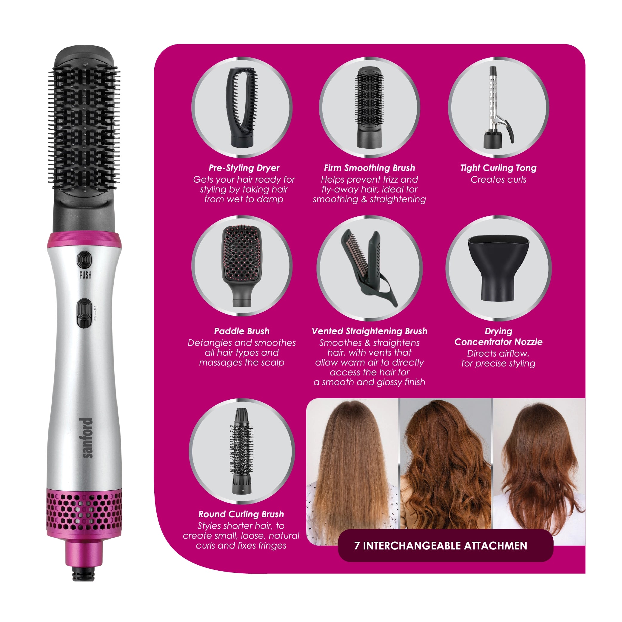 Sanford 9-in-1 Hot Air Hair Styler 800W with Multi-Styling Brushes & Cool Shot - SF9796HS Sanford KSA