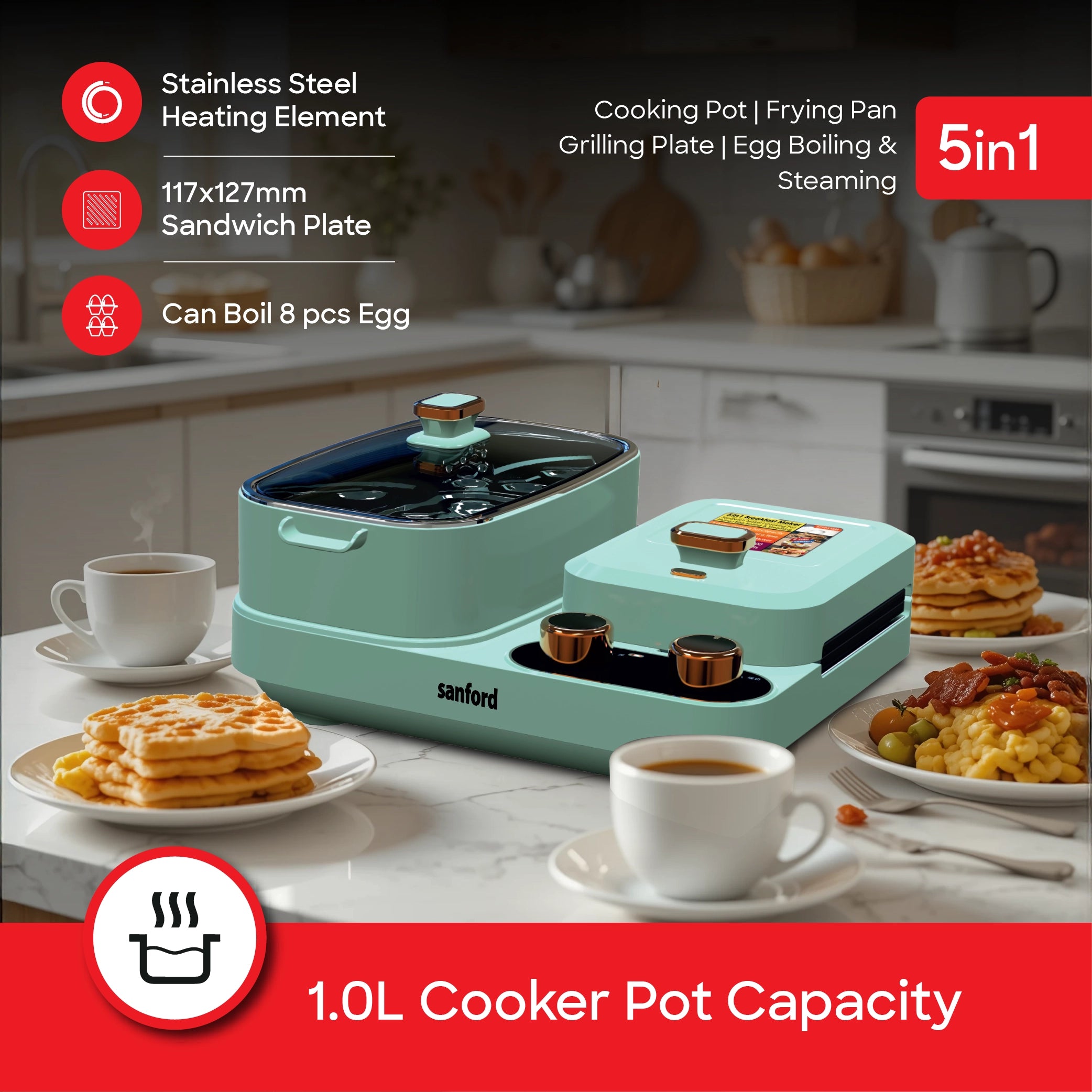 Sanford 5-in-1 Breakfast Maker with Cooking Pot, Grill and Sandwich Plates - SF9953SM Sanford KSA