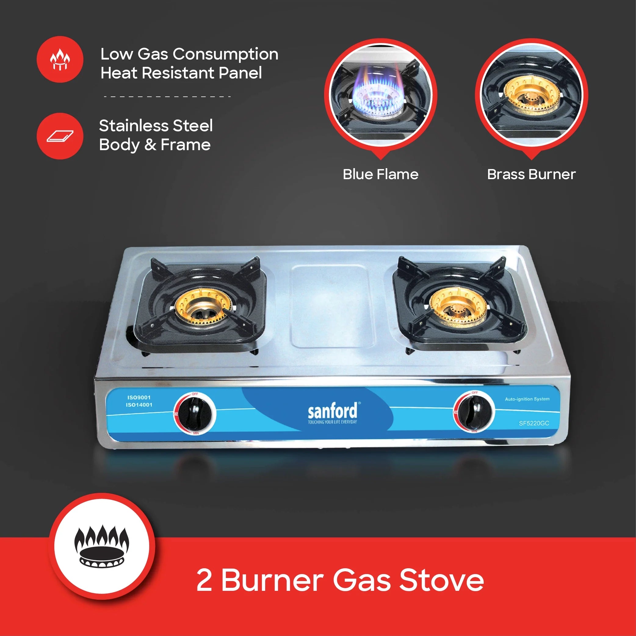 2 burner gas stove with stainless steel body auto ignition Powerful Flame sanford 3