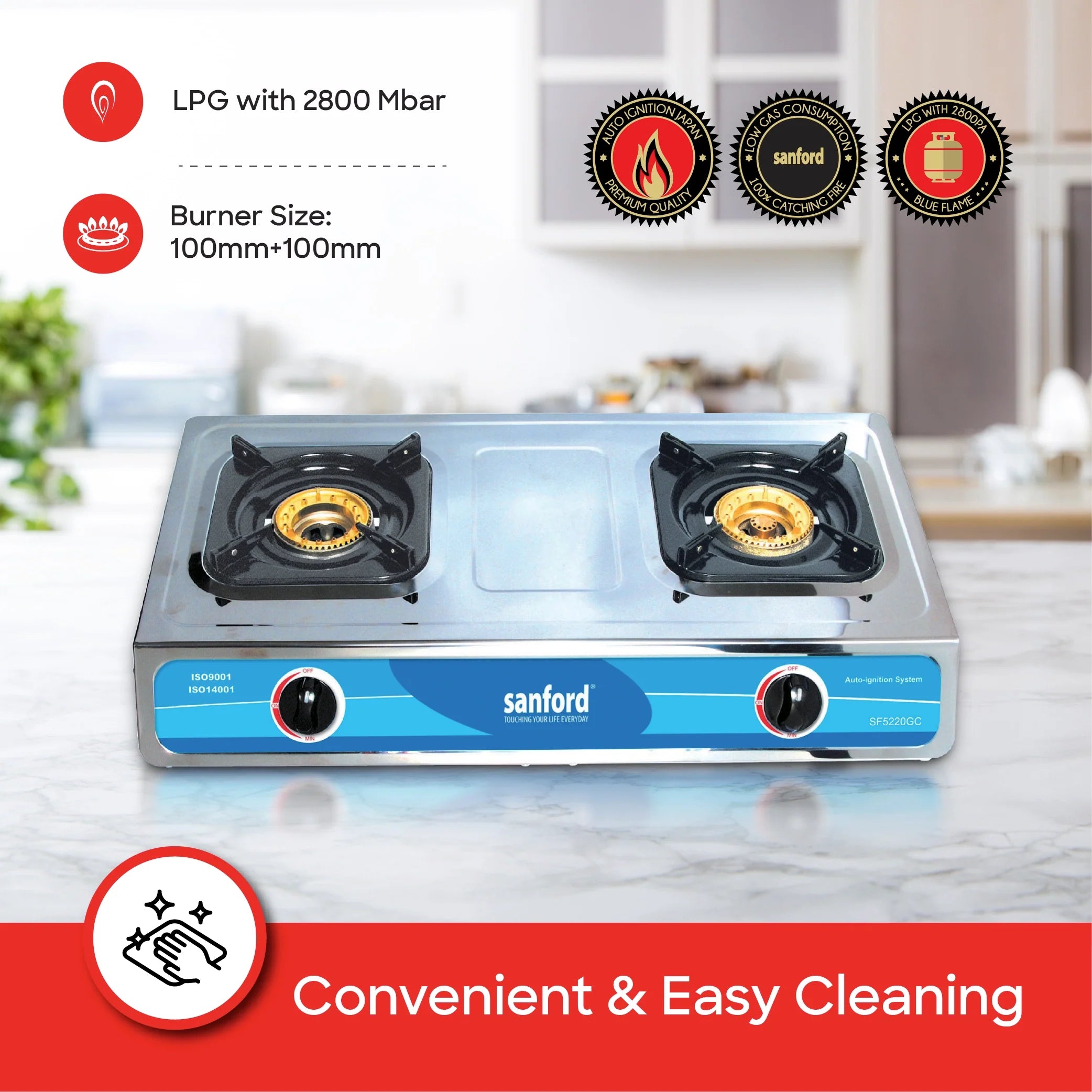 2 burner gas stove with stainless steel body auto ignition Powerful Flame sanford 4