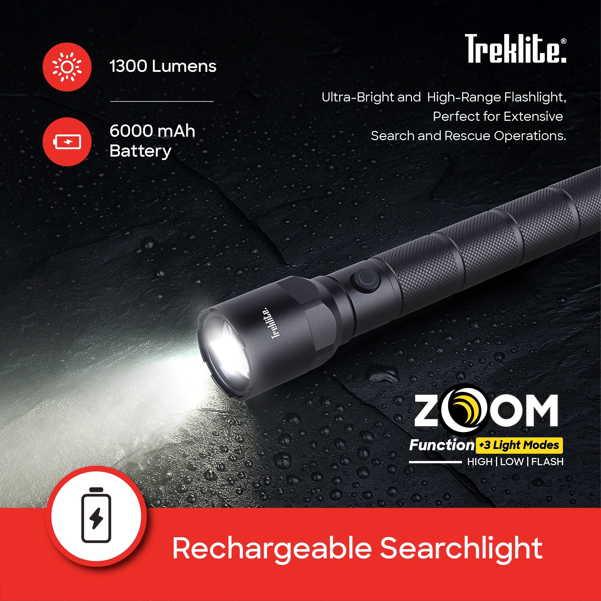 Treklite Rechargeable LED Flashlight with Zoom Function and Unbreakable Body - TL101SL Sanford KSA