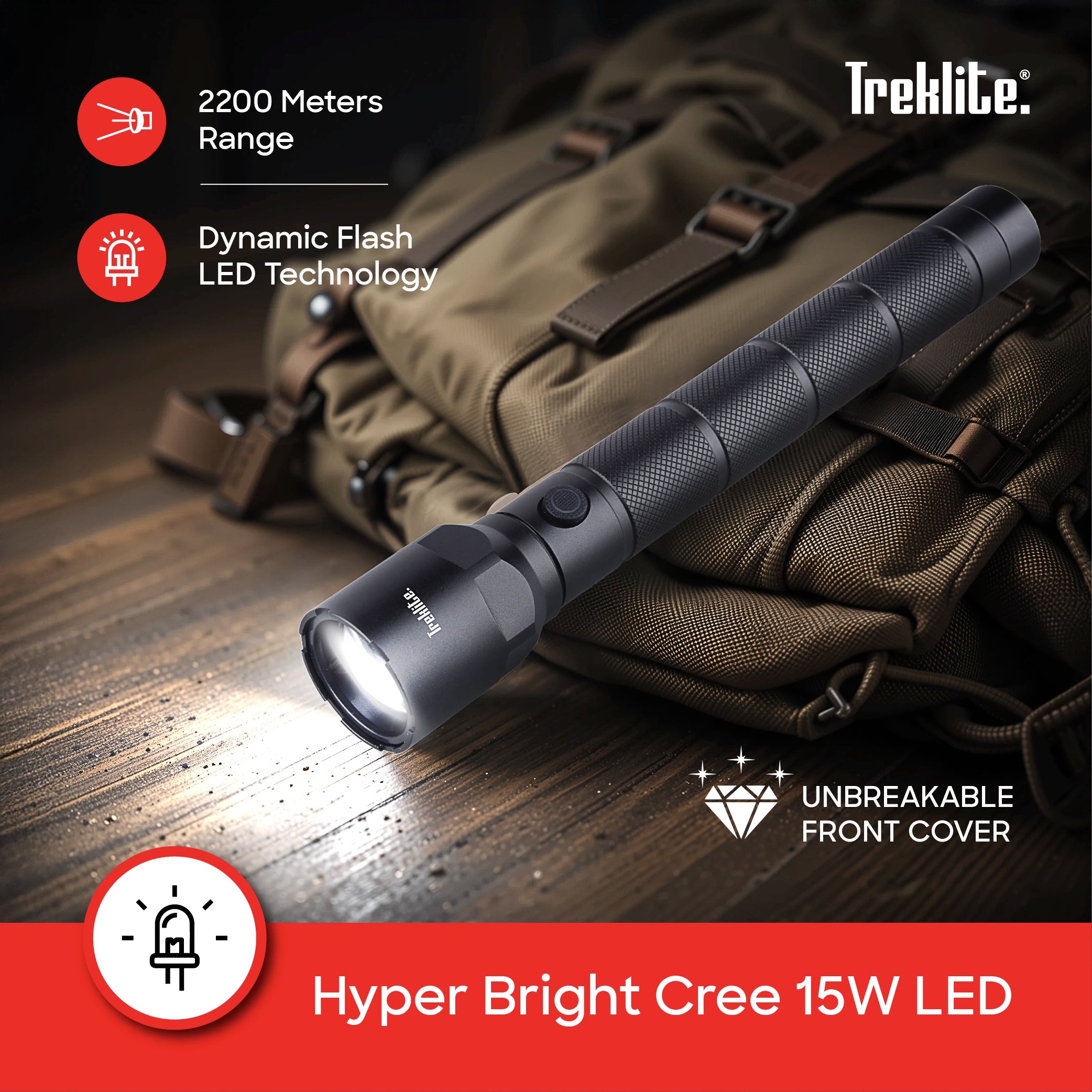 Treklite Rechargeable LED Flashlight with Zoom Function and Unbreakable Body - TL101SL Sanford KSA