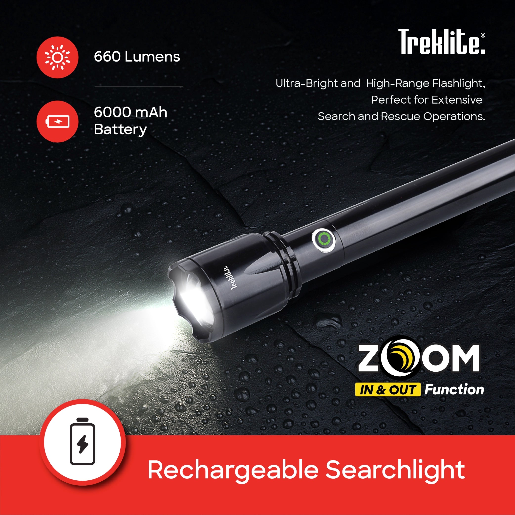 Treklite Rechargeable LED Flashlight with Zoom Function and Unbreakable Body - TL102SL Sanford KSA