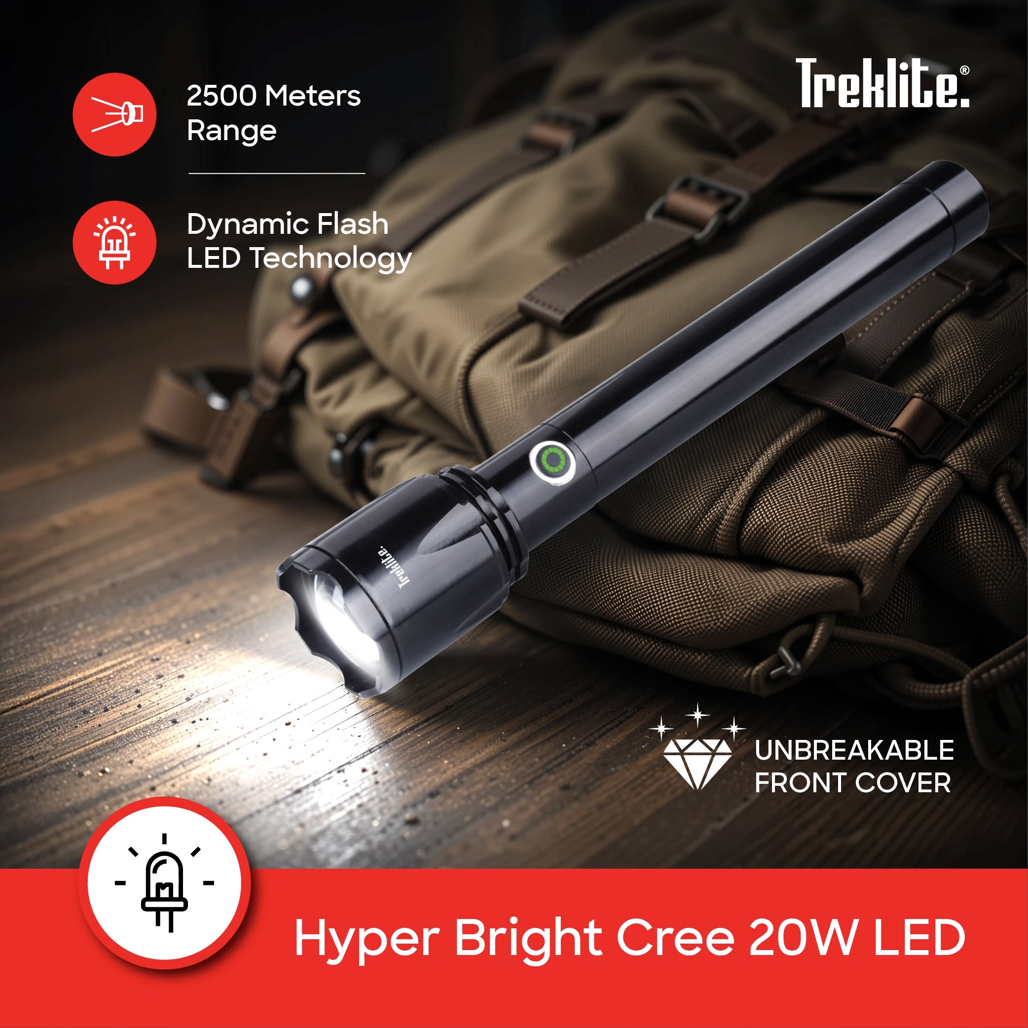 Treklite Rechargeable LED Flashlight with Zoom Function and Unbreakable Body - TL102SL Sanford KSA
