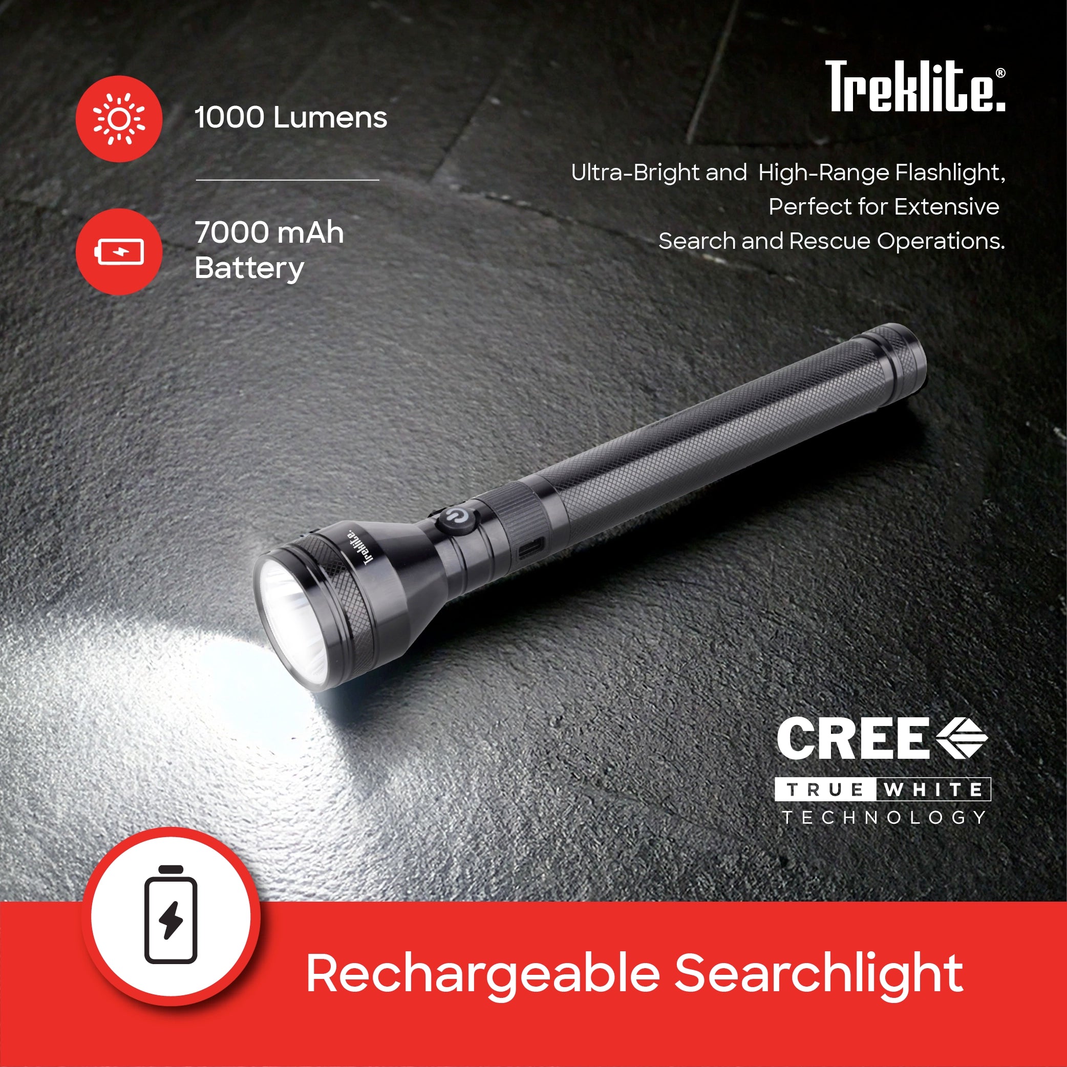 Shop Treklite LED Flashlight Torch 10W Rechargeable USB-C 2500m Range 1000 Lumens High Power - TL200SL in KSA