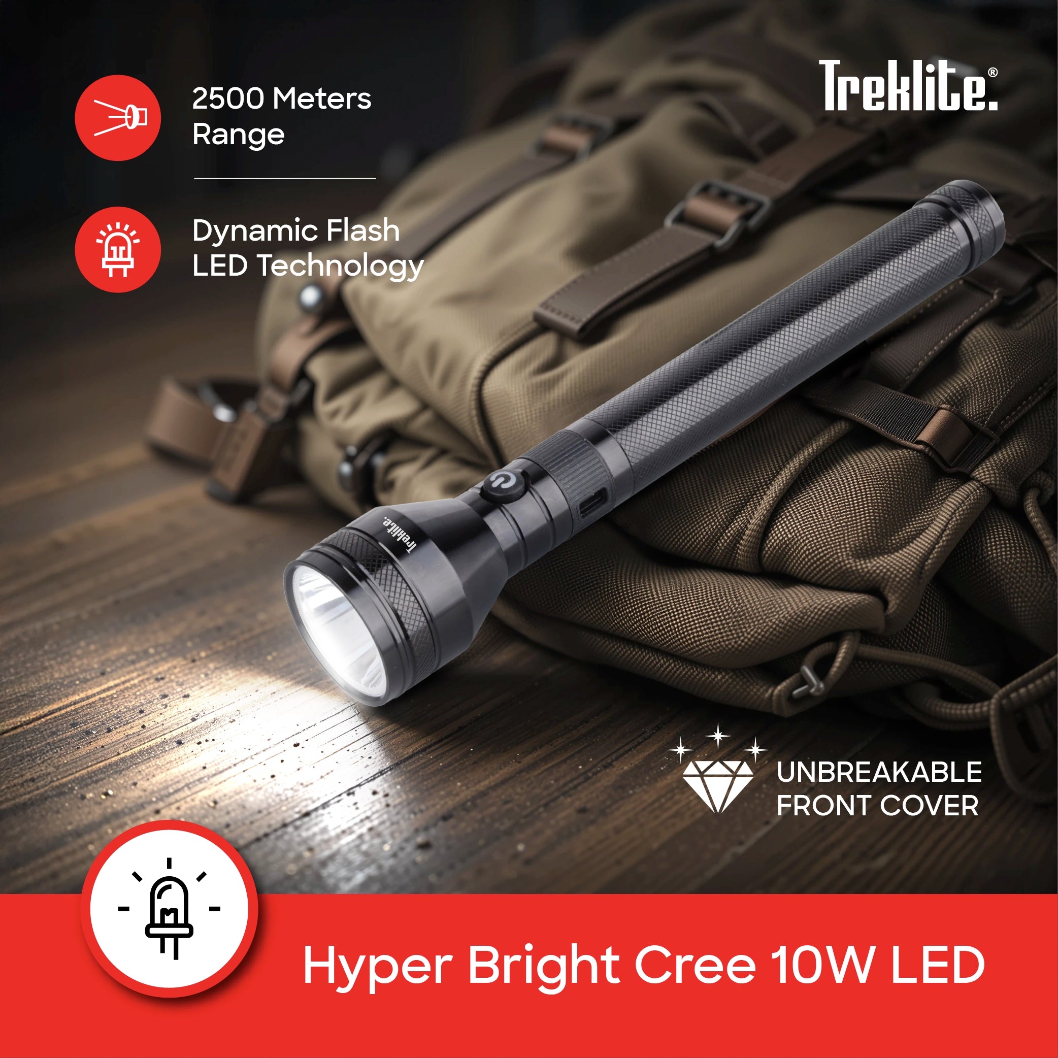 Treklite LED Flashlight Torch 10W Rechargeable USB-C 2500m Range 1000 Lumens High Power - TL200SL Sanford KSA