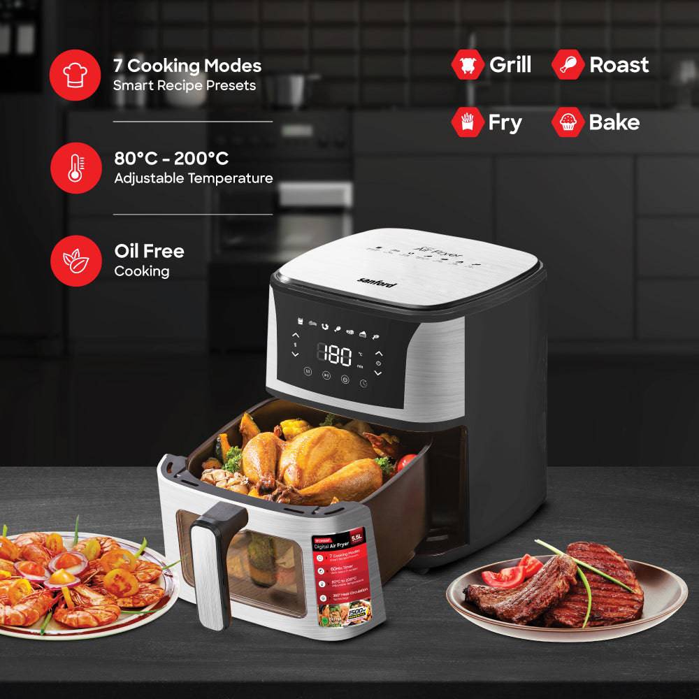 Sanford SF2450AF 5.5L air fryer basket and capacity detail