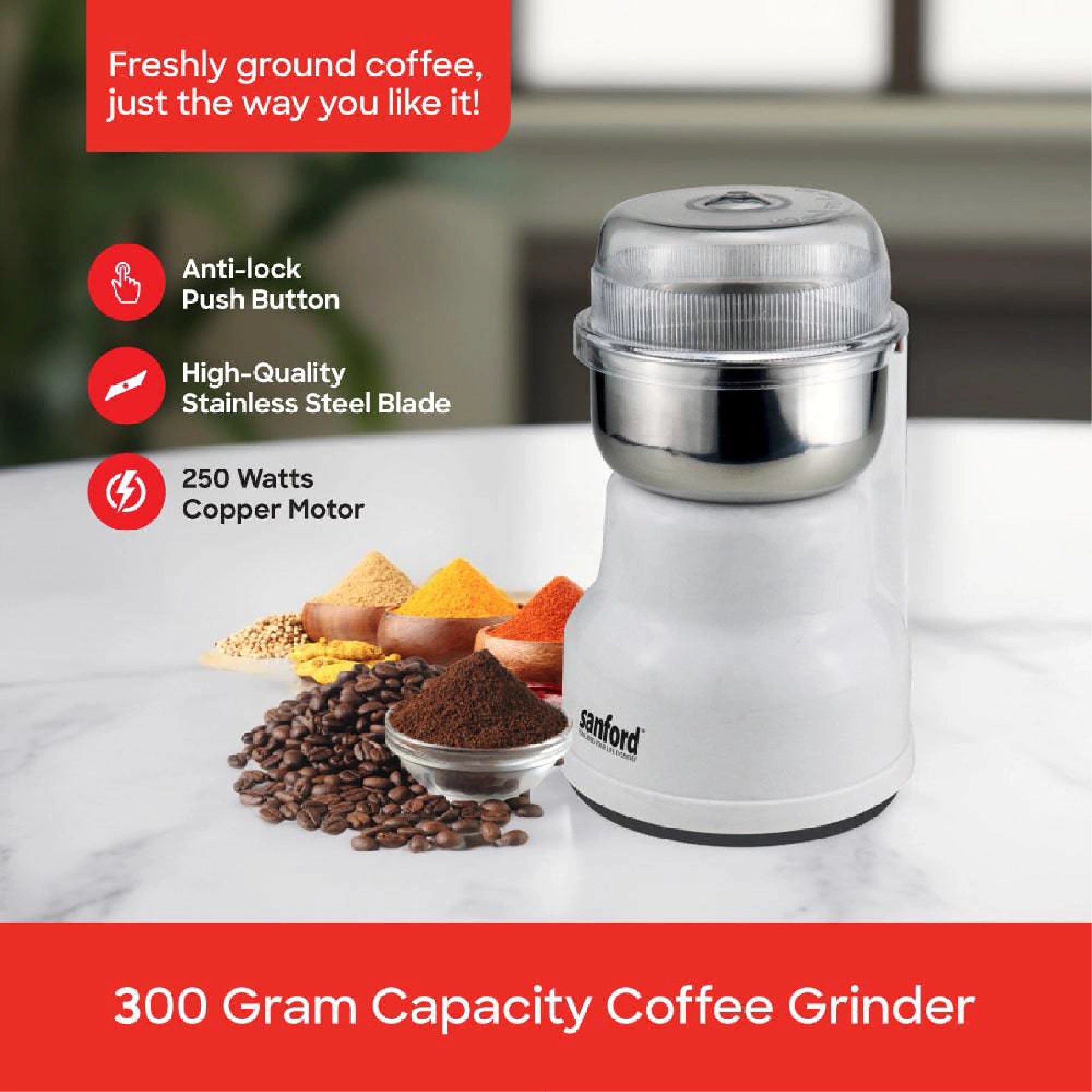 Sanford Coffee Grinder 200W Copper Motor 50g Stainless Steel Blade - SF5658CG Sanford KSA