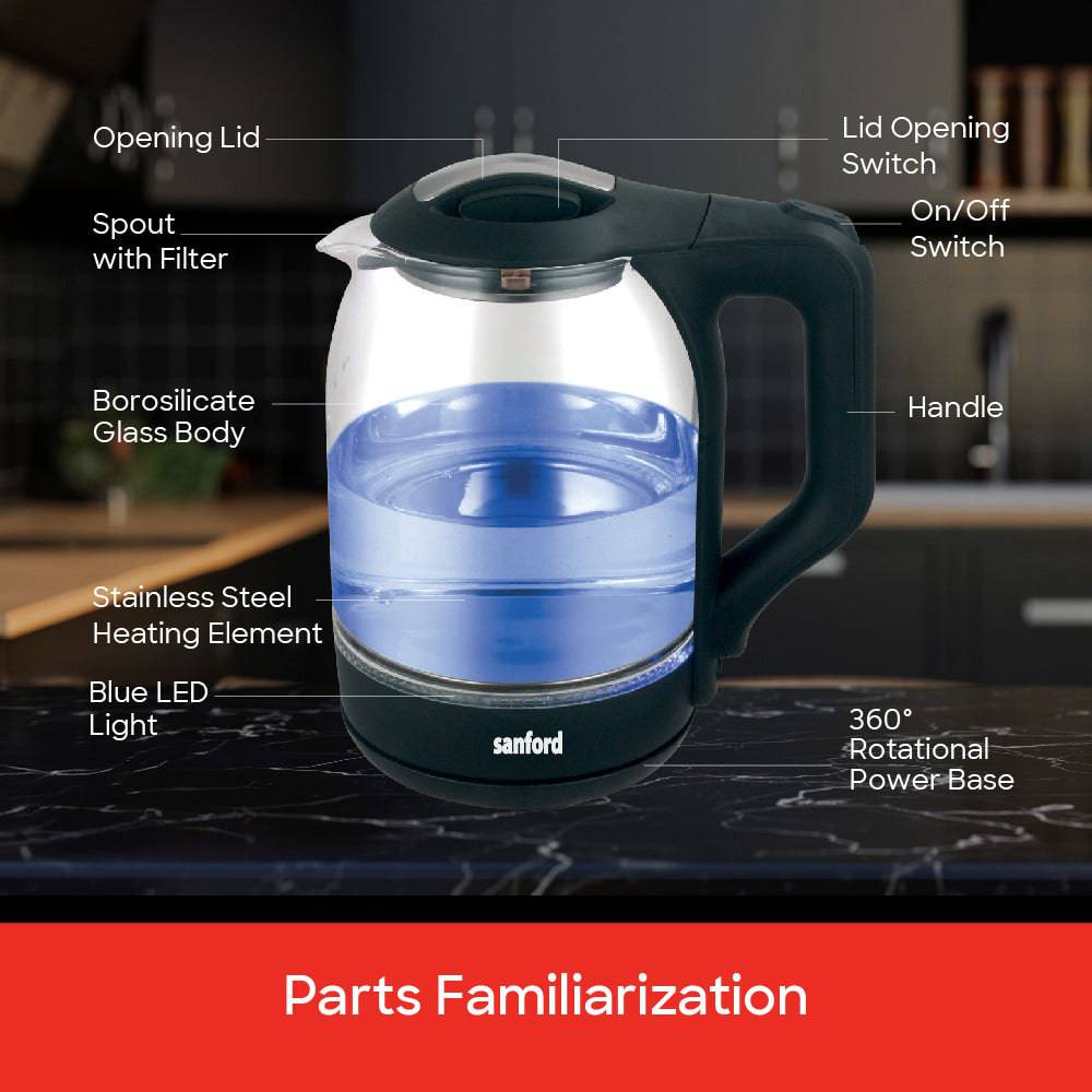 Sanford SF3354EK 1.8L glass kettle handle and controls